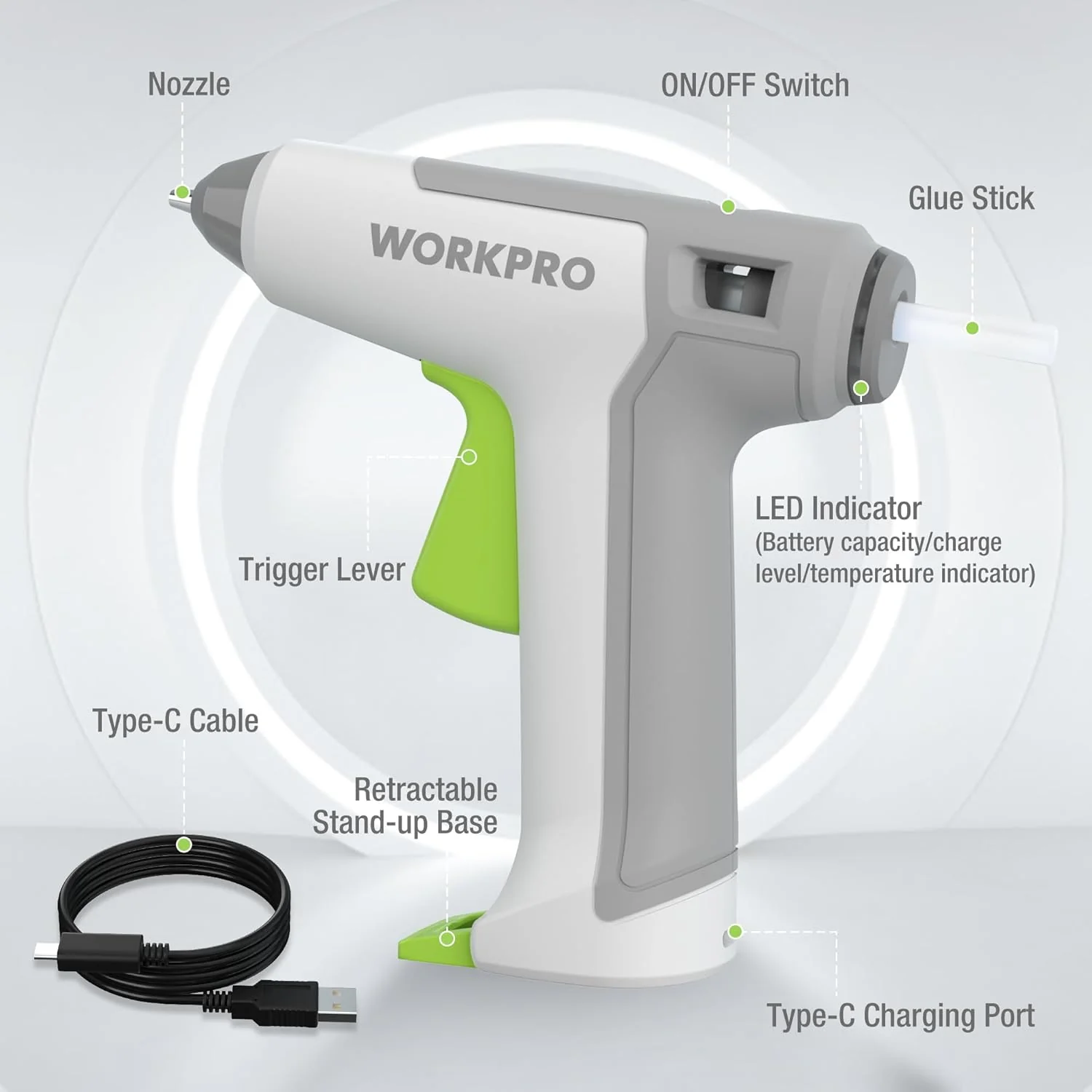 WORKPRO 3.6V Cordless Hot Glue Gun, Energy Saving Rechargeable Fast Heating Glue Gun Kit with 20 Pcs Mini Glue Sticks, Ultra Light Automatic-Safety-Power-Off Glue Gun, Fit for Mini Sticks(0.27" Dia) - Image 9