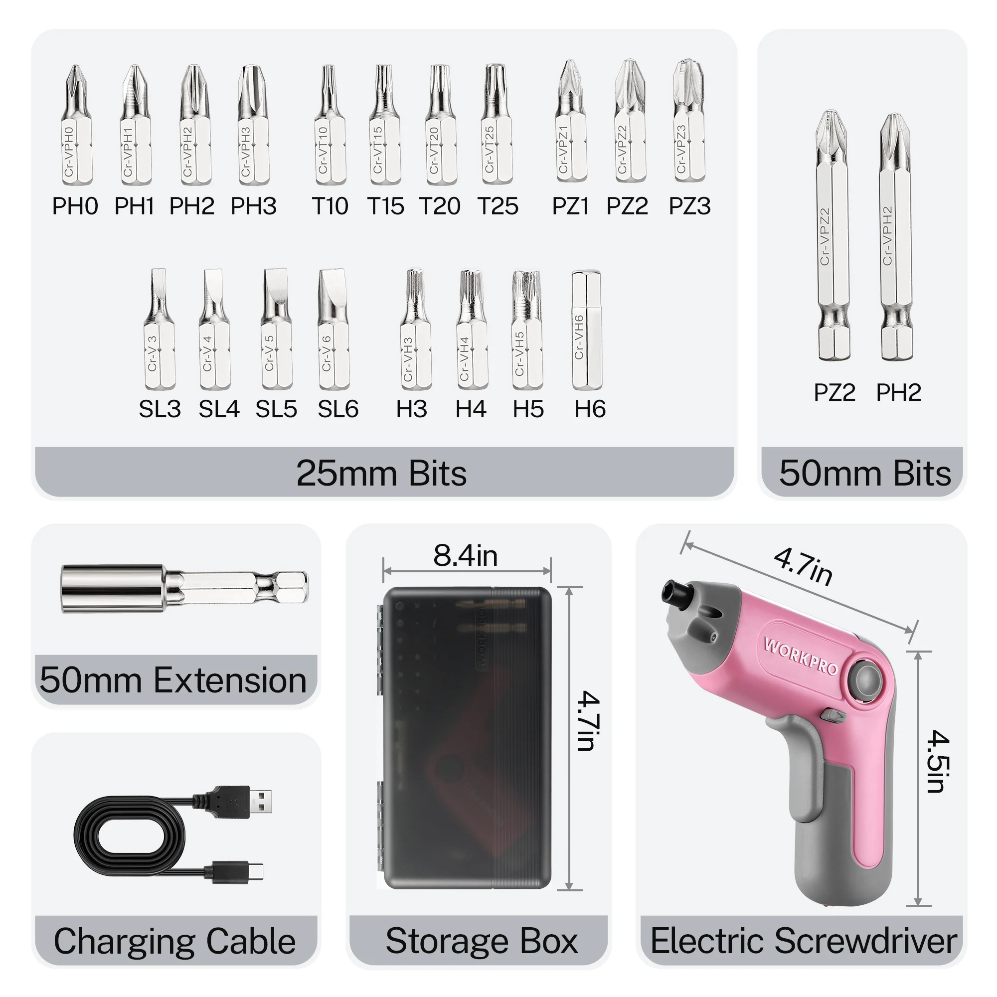 WORKPRO 3.6V Electric Cordless Rechargeable Screwdriver with Offset Driving Shaft, 22PCS Bits - Pink Ribbon - Image 2
