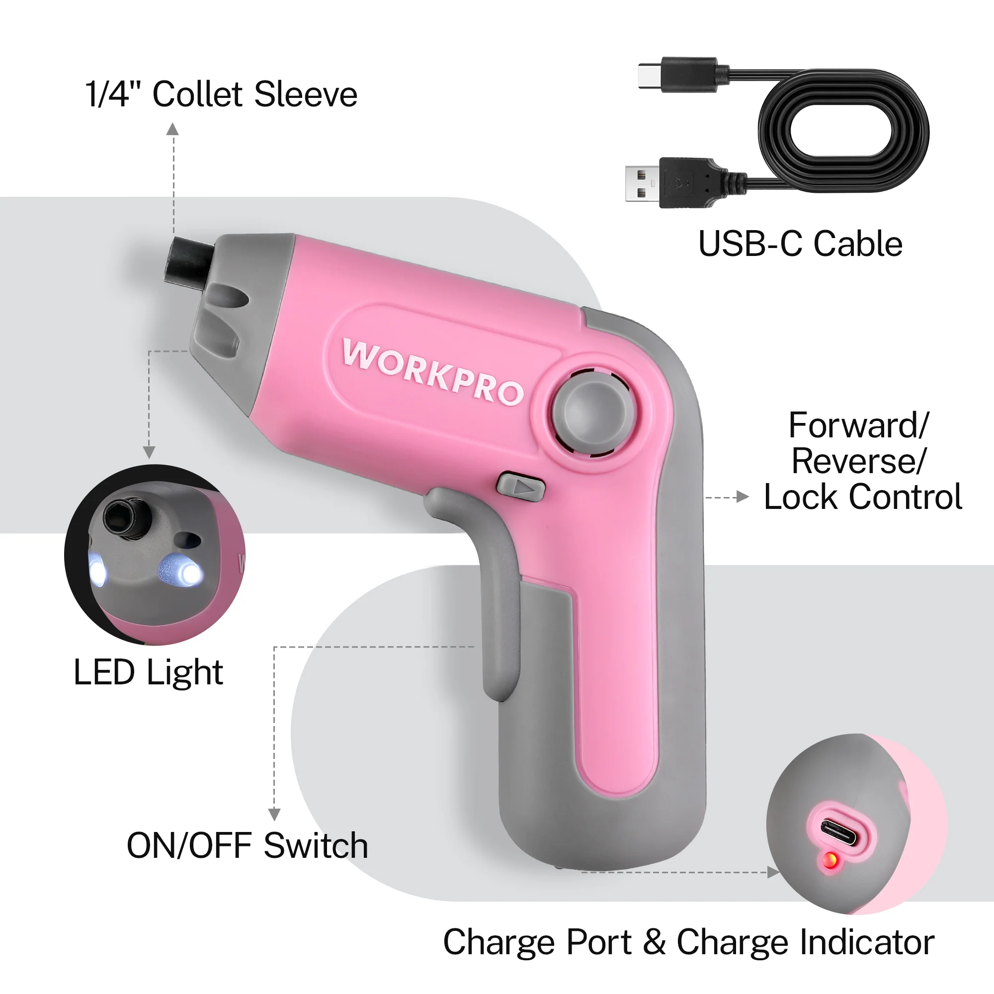 WORKPRO 3.6V Electric Cordless Rechargeable Screwdriver with Offset Driving Shaft, 22PCS Bits - Pink Ribbon - Image 3