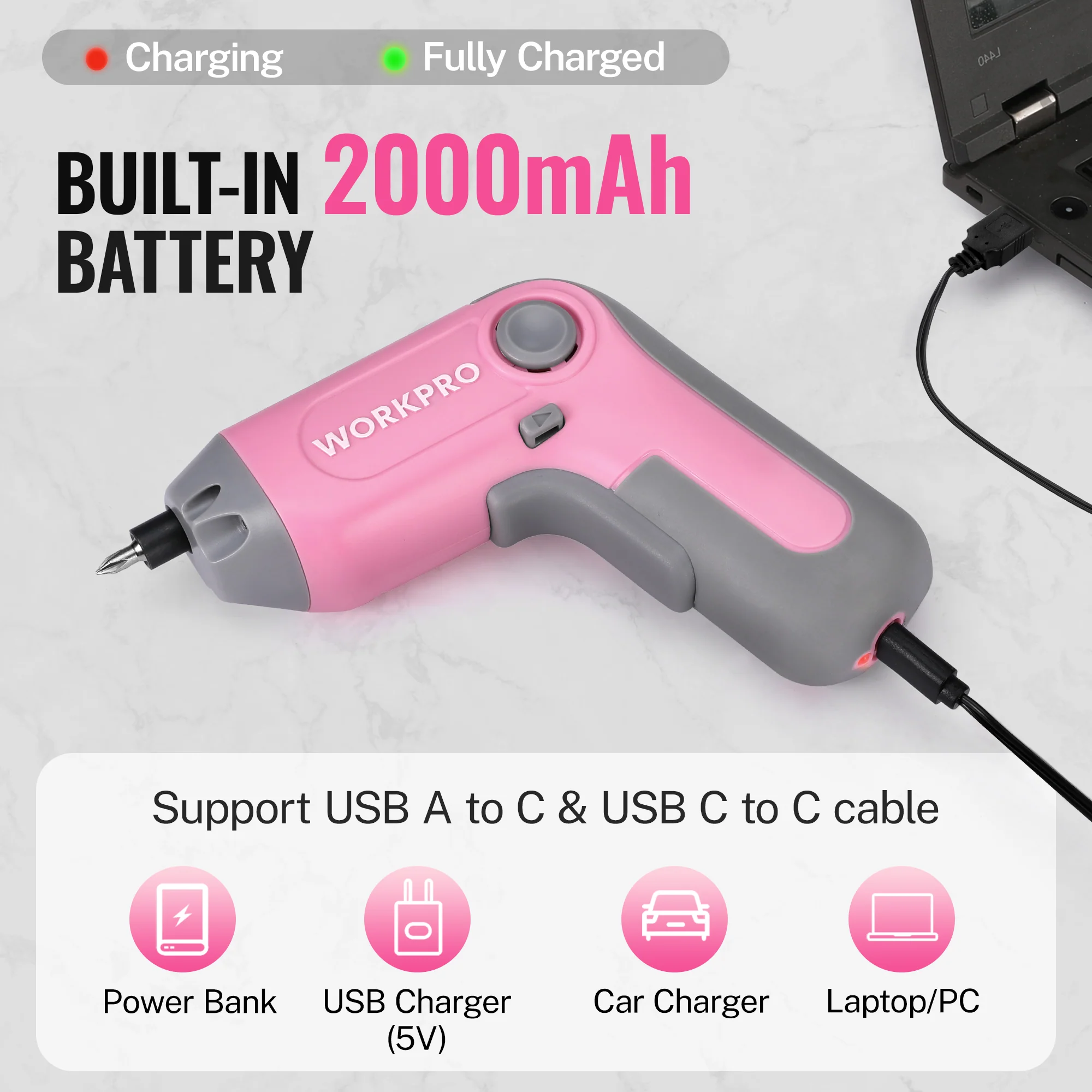 WORKPRO 3.6V Electric Cordless Rechargeable Screwdriver with Offset Driving Shaft, 22PCS Bits - Pink Ribbon - Image 5
