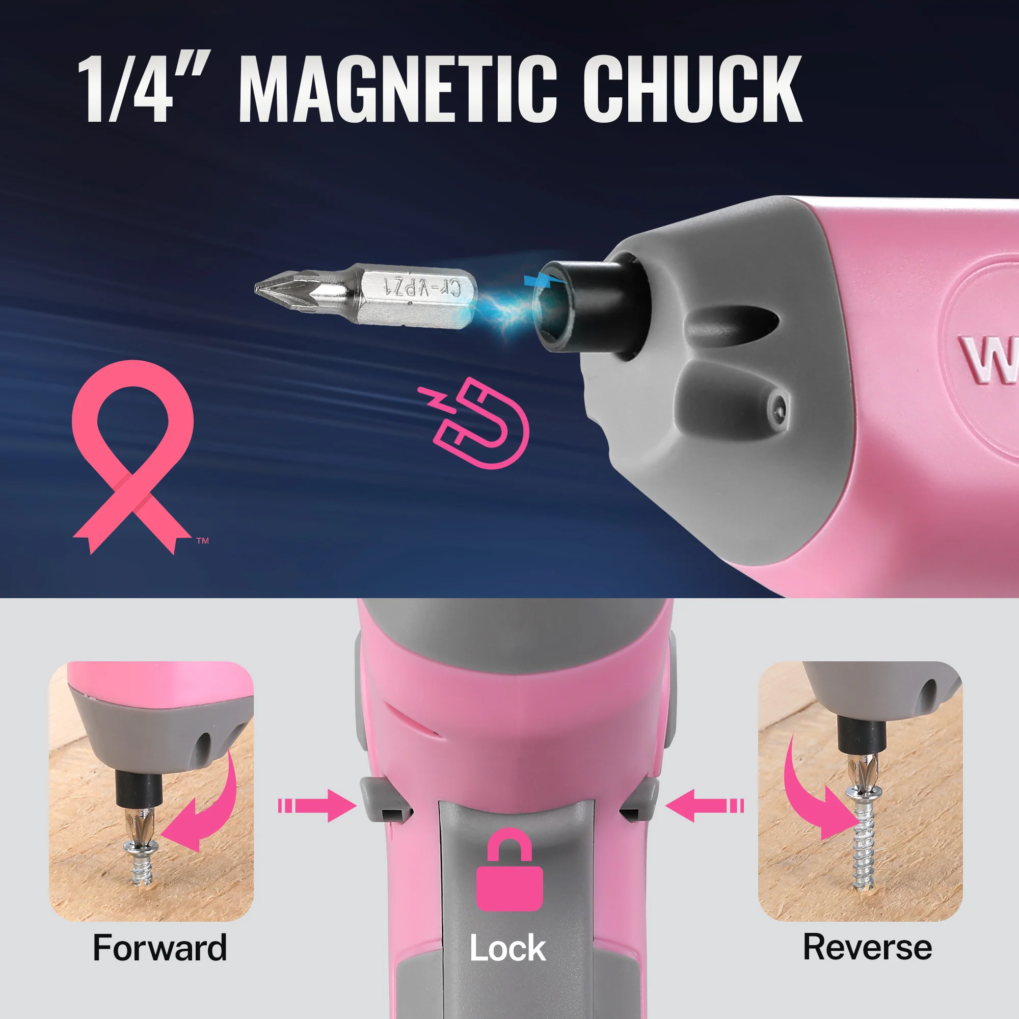 WORKPRO 3.6V Electric Cordless Rechargeable Screwdriver with Offset Driving Shaft, 22PCS Bits - Pink Ribbon - Image 6