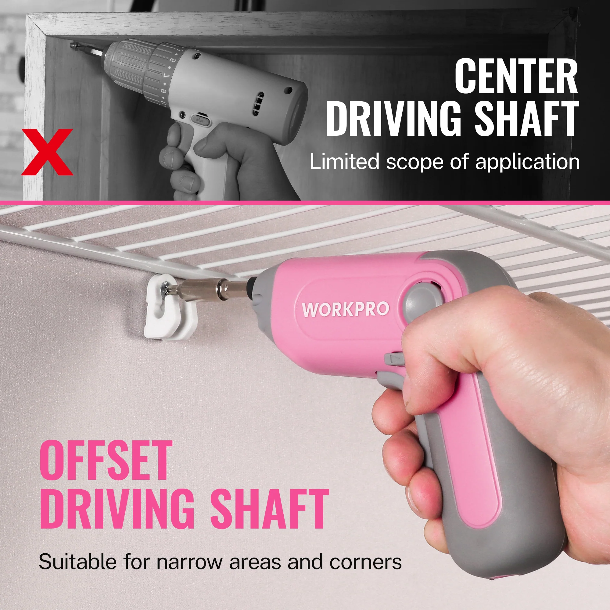 WORKPRO 3.6V Electric Cordless Rechargeable Screwdriver with Offset Driving Shaft, 22PCS Bits - Pink Ribbon - Image 7
