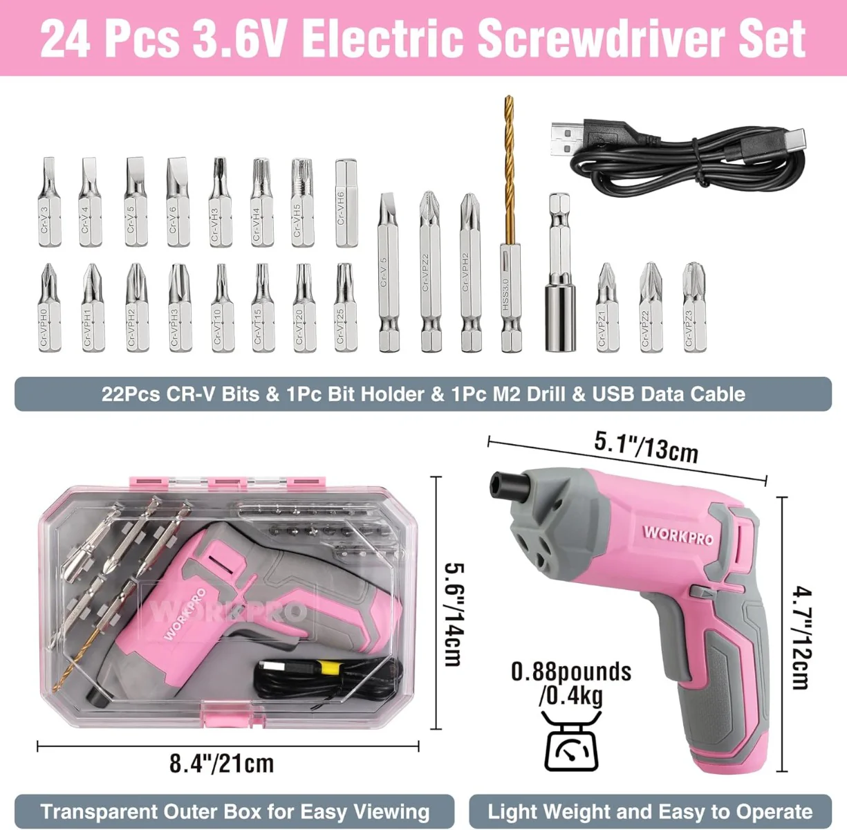WORKPRO 3.6V Pink Cordless Electric Rechargeable Eccentric Power Screwdriver Kit with 24 Pcs Bits & Carrying Case－Pink Ribbon - Image 2