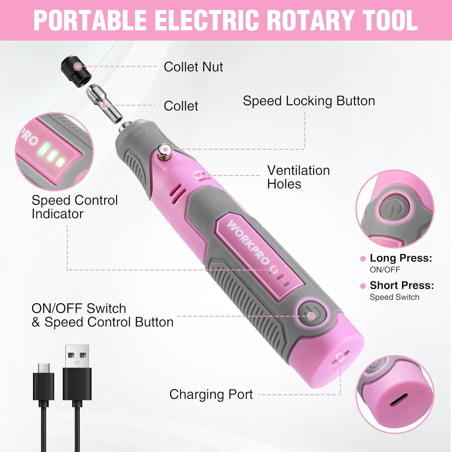 WORKPRO 3.6V Pink Electric Cordless Rotary Tool Set - Pink Ribbon - Image 3