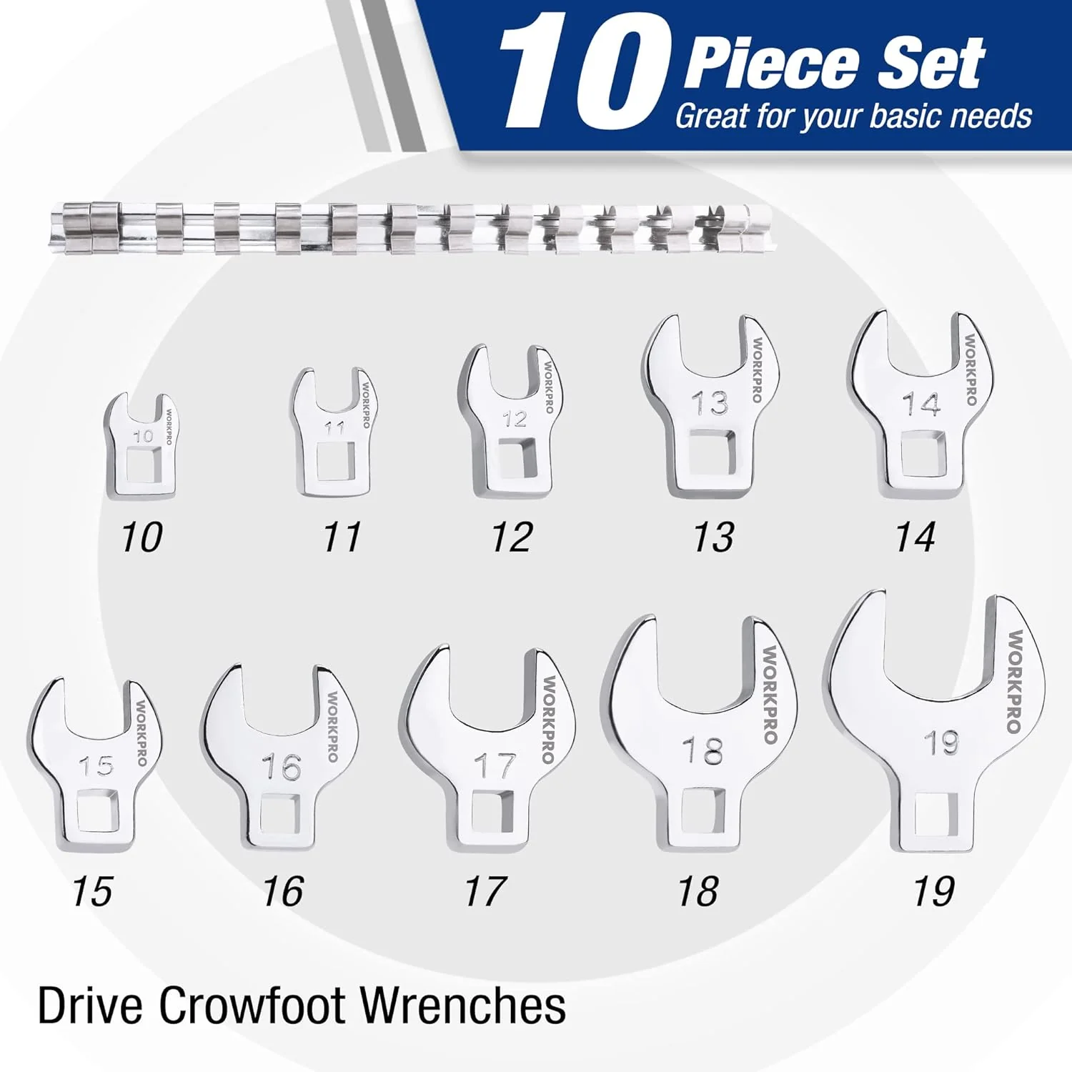 WORKPRO 3/8" Drive Crowfoot Wrench Set, 10-Piece Metric Open-End Wrenches with Clip-on Organizer, 10-19mm, Great for Automotive Repair Work Hard-To-Reach Areas - Image 3