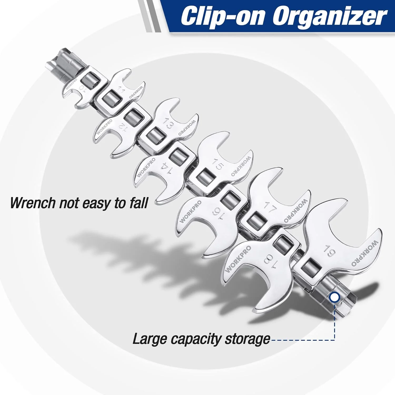 WORKPRO 3/8" Drive Crowfoot Wrench Set, 10-Piece Metric Open-End Wrenches with Clip-on Organizer, 10-19mm, Great for Automotive Repair Work Hard-To-Reach Areas - Image 4