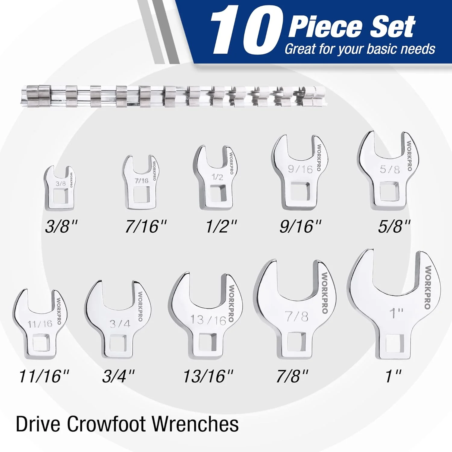 WORKPRO 3/8" Drive Crowfoot Wrench Set, 10-Piece SAE Open-End Wrenches with Clip-on Organizer, 3/8"-1", Great for Automotive Repair Work Hard-To-Reach Areas - Image 3