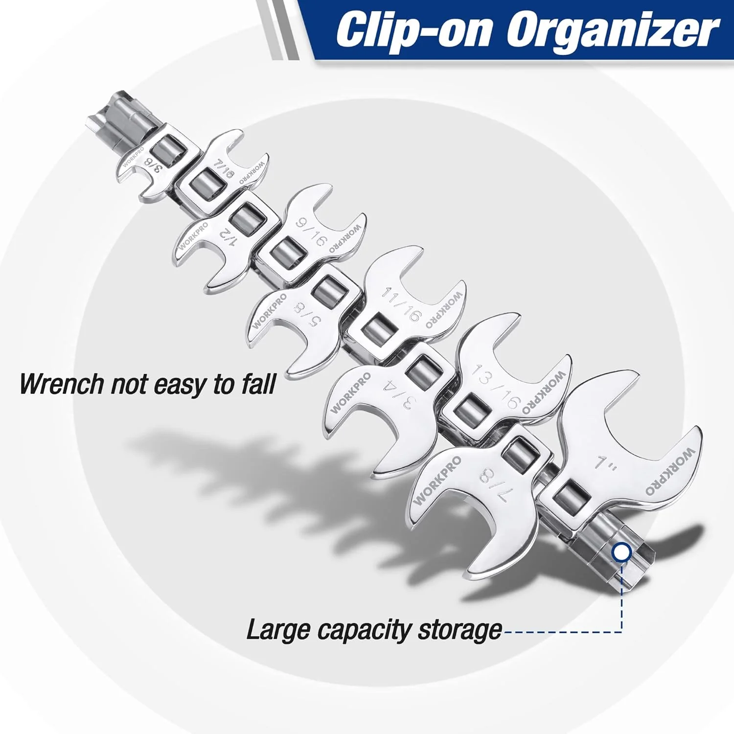 WORKPRO 3/8" Drive Crowfoot Wrench Set, 10-Piece SAE Open-End Wrenches with Clip-on Organizer, 3/8"-1", Great for Automotive Repair Work Hard-To-Reach Areas - Image 4