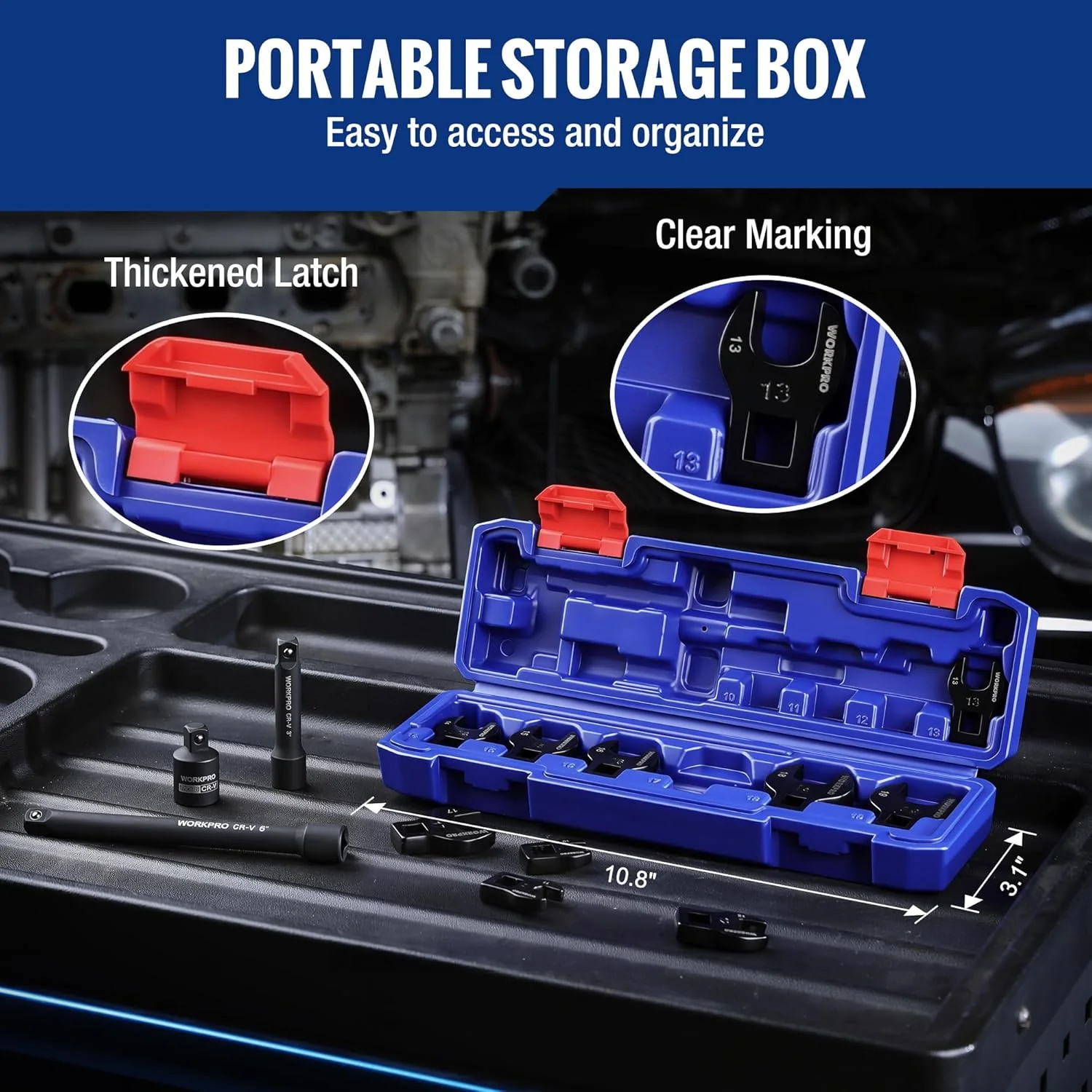 WORKPRO 3/8" Drive Crowfoot Wrench Set, 13 Pcs Metric Crowfoot Wrench Set with 2 Extension Bars, 1/2" to 3/8" Adapter, Portable Storage Box, 10mm to 19mm, Black Electrophoretic Coating - Image 6