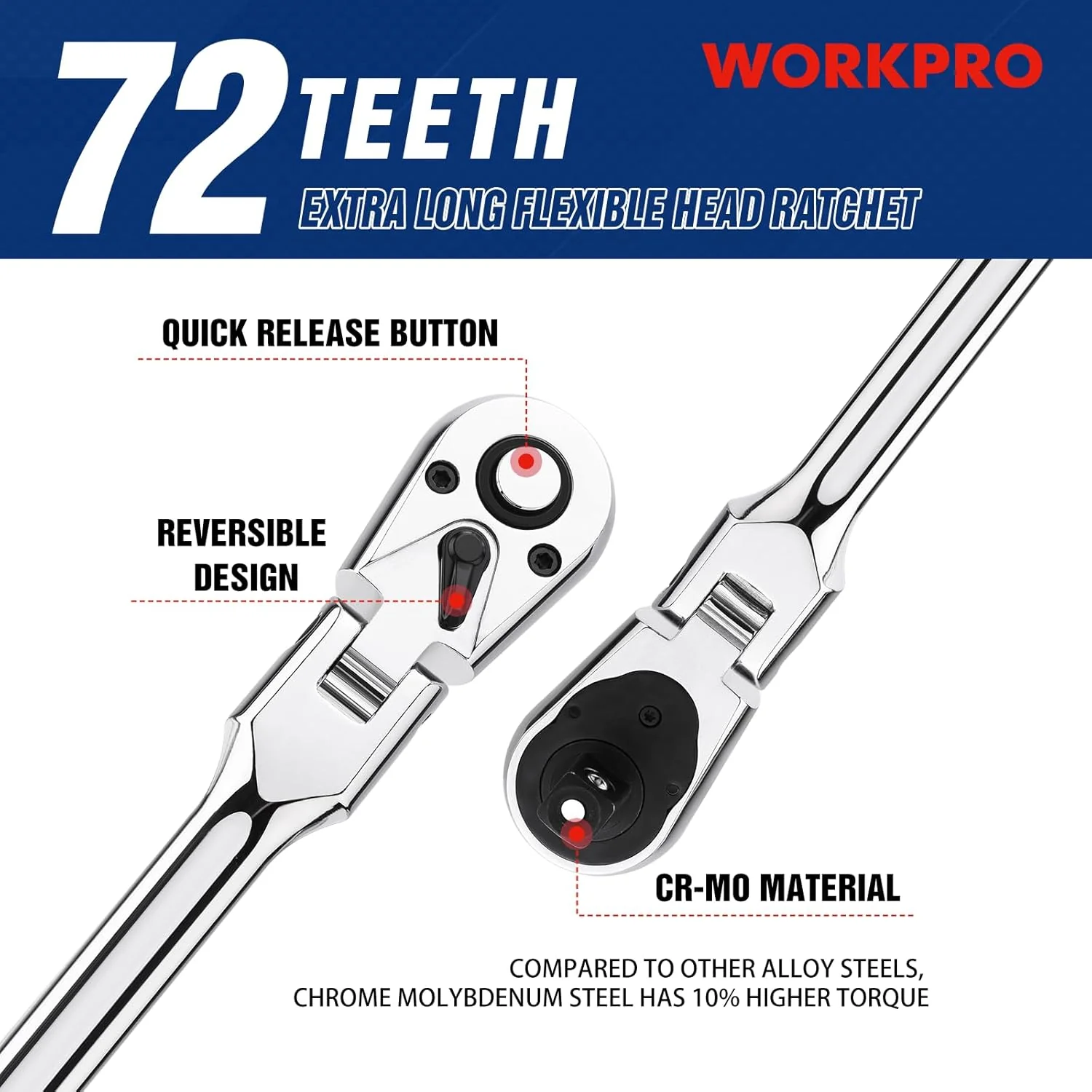 WORKPRO 3/8" Drive Extra Long Flex Head Ratchet, 18 Inch Reach Quick Release CR-V Steel Ratchet Handle, CR-MO Head, Reversible Design, 72-Tooth - Image 3