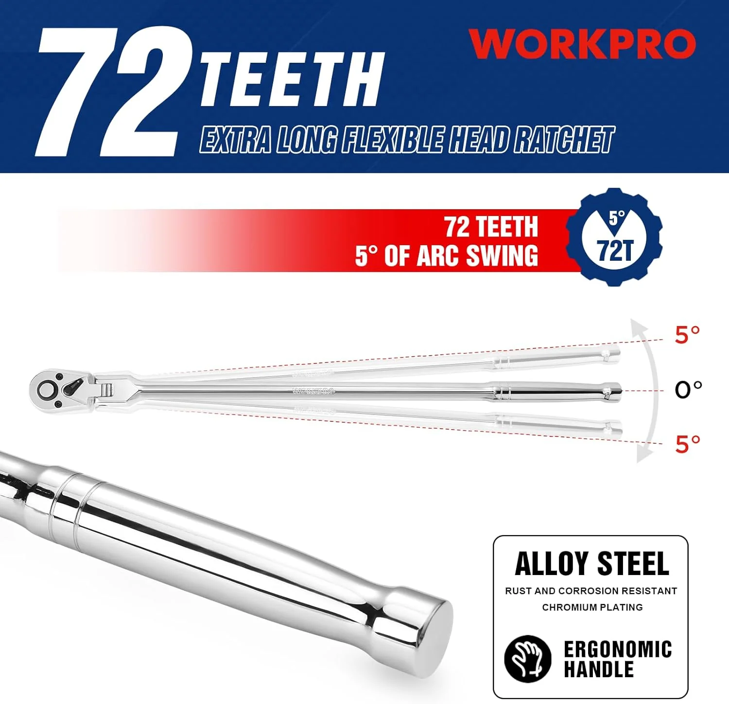 WORKPRO 3/8" Drive Extra Long Flex Head Ratchet, 18 Inch Reach Quick Release CR-V Steel Ratchet Handle, CR-MO Head, Reversible Design, 72-Tooth - Image 5