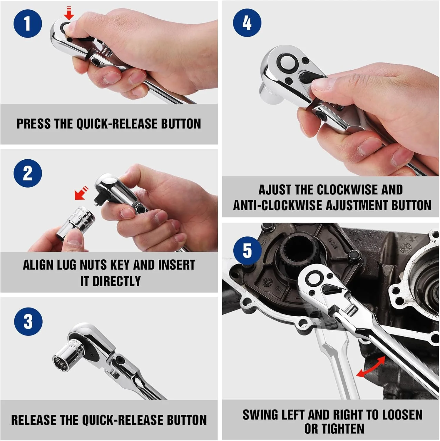 WORKPRO 3/8" Drive Extra Long Flex Head Ratchet, 18 Inch Reach Quick Release CR-V Steel Ratchet Handle, CR-MO Head, Reversible Design, 72-Tooth - Image 6