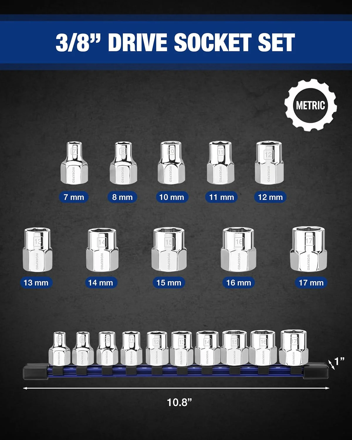 WORKPRO 3/8" Drive Socket Set, 10-Piece Metric CR-V Socket Set with Rail | Standard & Shallow Sockets, External Hex Socket, 7mm to 17mm, 6-Point, Size Markings, PVC Socket Organizer, for Auto Repairs - Image 2