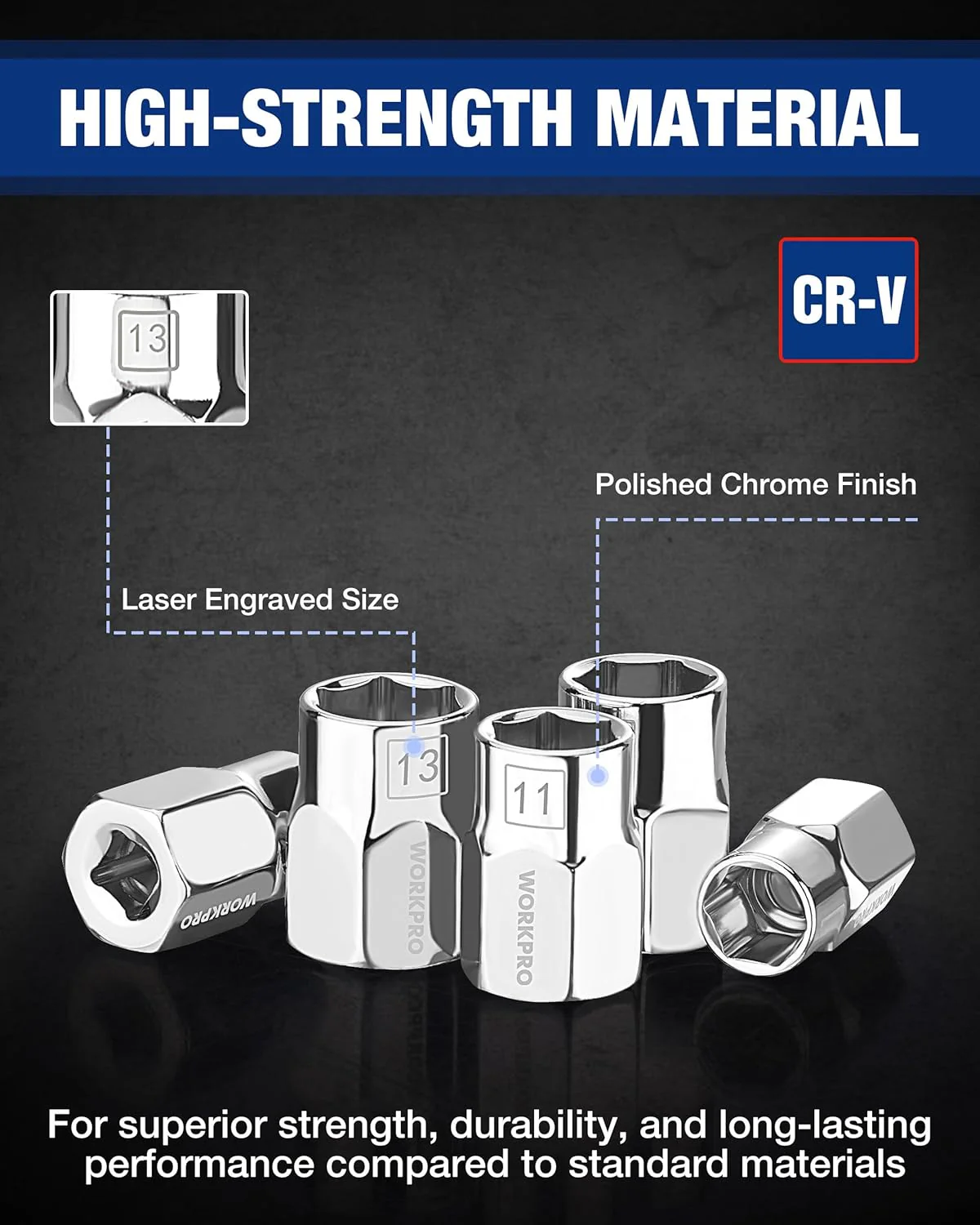 WORKPRO 3/8" Drive Socket Set, 10-Piece Metric CR-V Socket Set with Rail | Standard & Shallow Sockets, External Hex Socket, 7mm to 17mm, 6-Point, Size Markings, PVC Socket Organizer, for Auto Repairs - Image 3