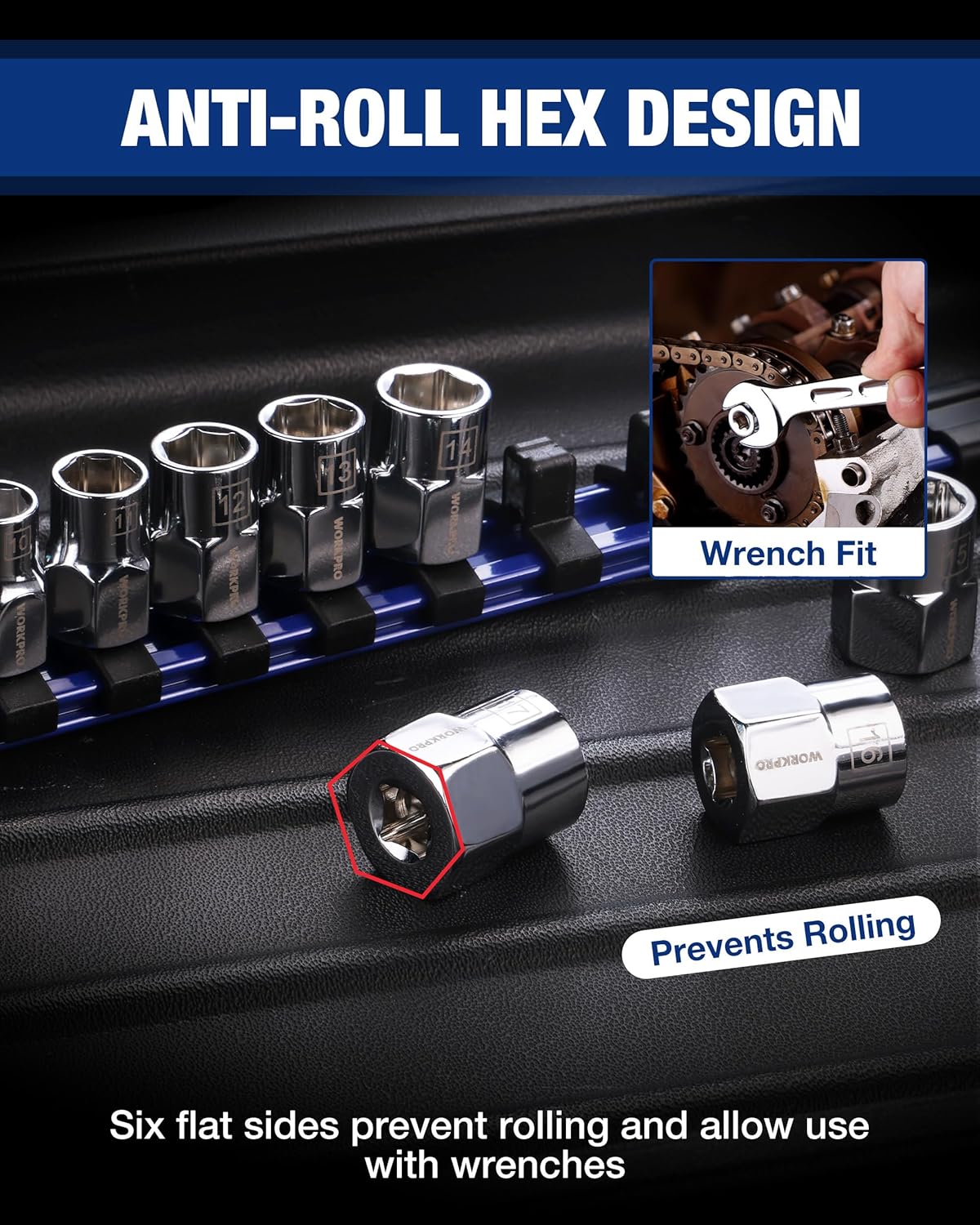 WORKPRO 3/8" Drive Socket Set, 10-Piece Metric CR-V Socket Set with Rail | Standard & Shallow Sockets, External Hex Socket, 7mm to 17mm, 6-Point, Size Markings, PVC Socket Organizer, for Auto Repairs - Image 5