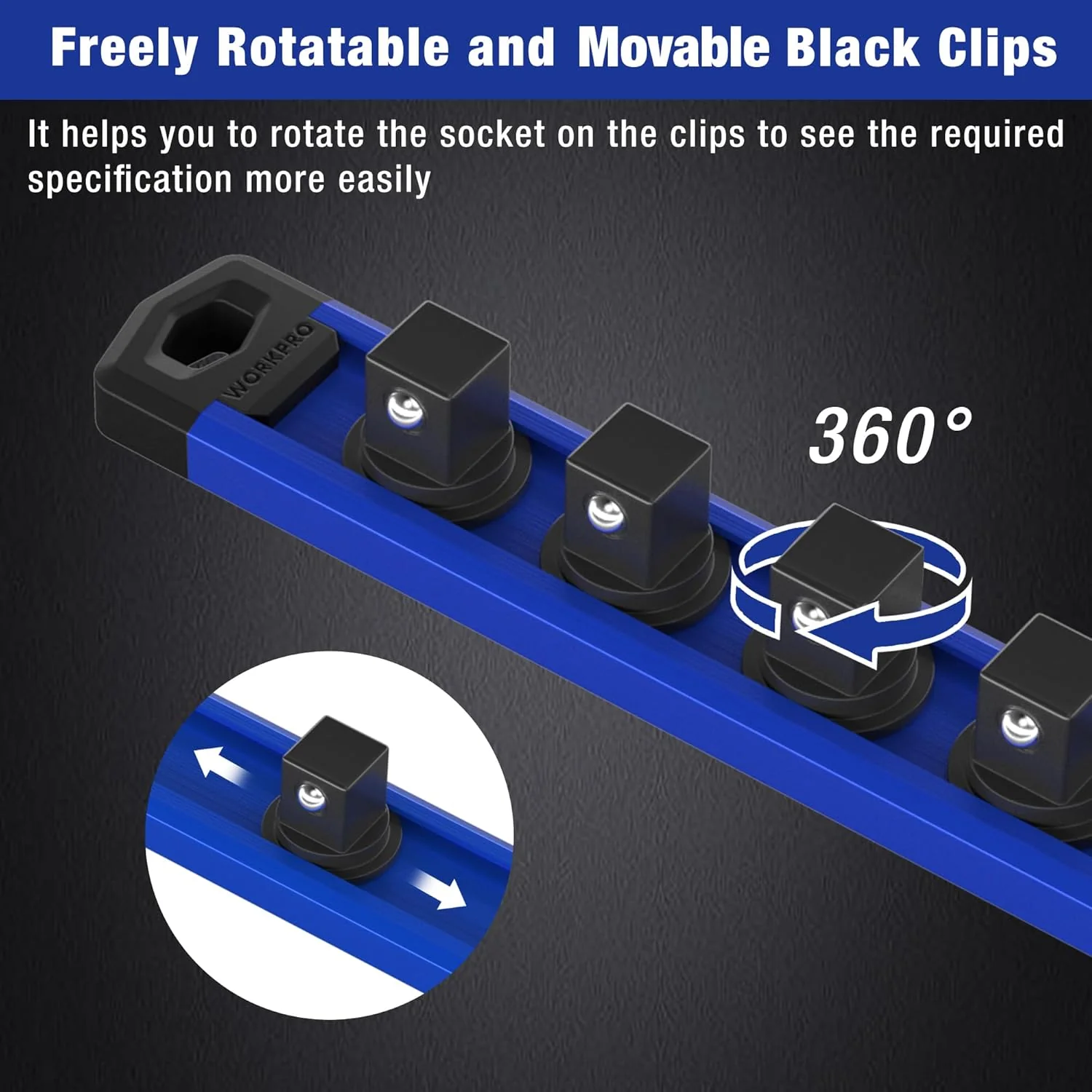 WORKPRO Magnetic Socket Organizer, 3/8-Inch Drive Aluminum Alloy Socket Rail, Heavy Duty Socket Holder, Socket Rack Kit 3/8-Inch x 10 Clips (Blue) - Image 5