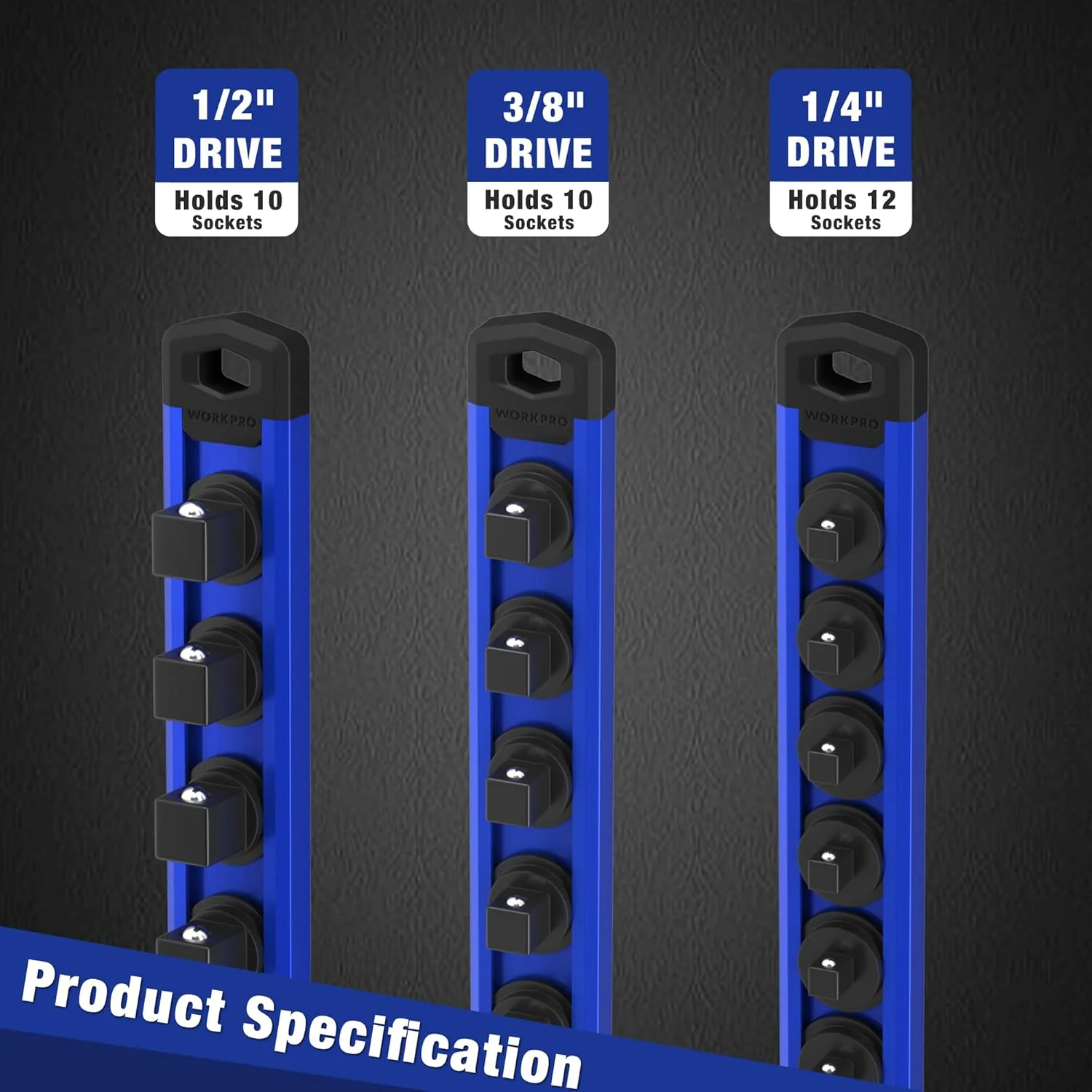 WORKPRO Magnetic Socket Organizer, 3/8-Inch Drive Aluminum Alloy Socket Rail, Heavy Duty Socket Holder, Socket Rack Kit 3/8-Inch x 10 Clips (Blue) - Image 8