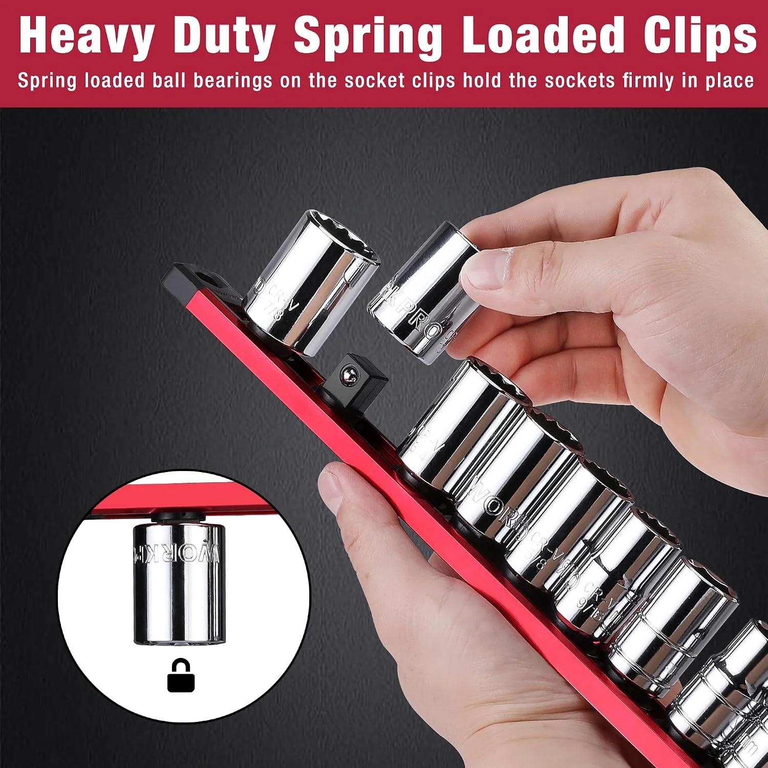 WORKPRO Magnetic Socket Organizer, 3/8-Inch Drive Aluminum Alloy Sockets Rail, Heavy Duty Sockets Holder, Socket Rack Kit 3/8-Inch x 10 Clips (Red) - Image 6