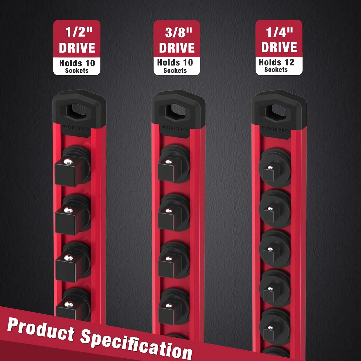 WORKPRO Magnetic Socket Organizer, 3/8-Inch Drive Aluminum Alloy Sockets Rail, Heavy Duty Sockets Holder, Socket Rack Kit 3/8-Inch x 10 Clips (Red) - Image 8