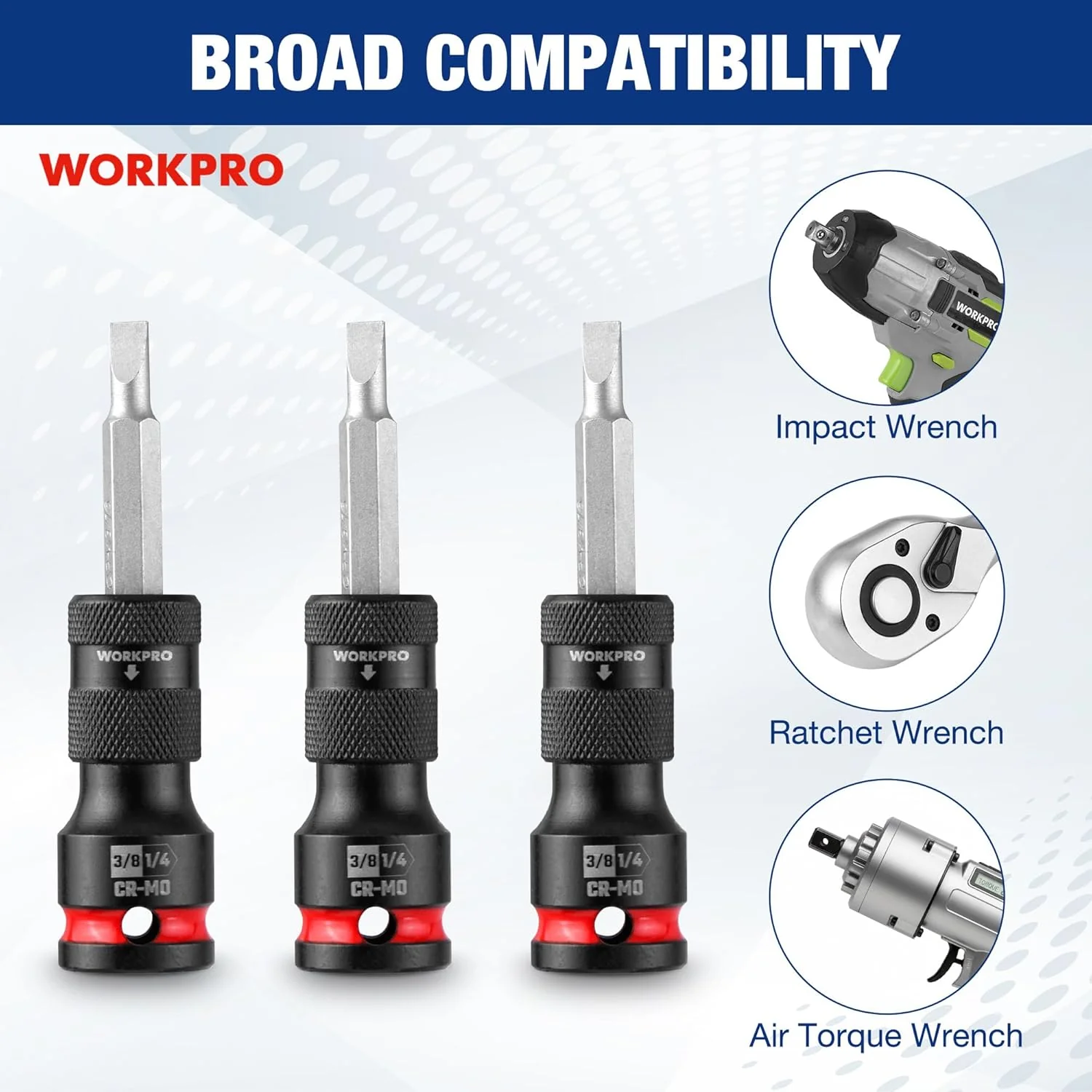 WORKPRO 3/8-inch Square to 1/4-inch Hex Quick Release Impact Socket Adapter and Bit Holder for Ratchet Wrenches, Drivers, Drills - Made from Durable CR-MO Steel - Image 3