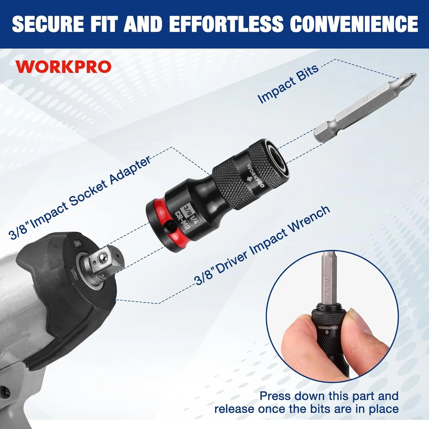 WORKPRO 3/8-inch Square to 1/4-inch Hex Quick Release Impact Socket Adapter and Bit Holder for Ratchet Wrenches, Drivers, Drills - Made from Durable CR-MO Steel - Image 4