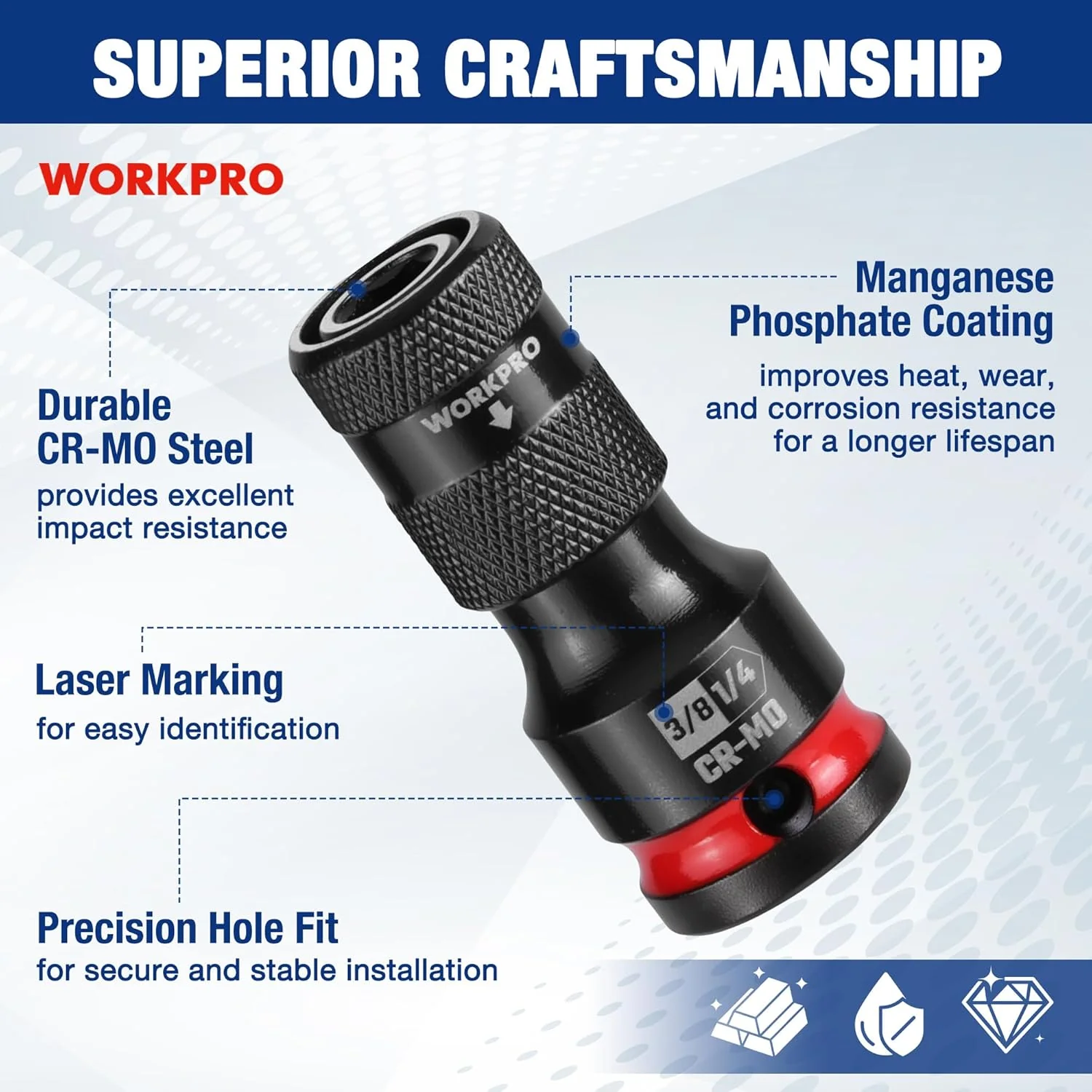 WORKPRO 3/8-inch Square to 1/4-inch Hex Quick Release Impact Socket Adapter and Bit Holder for Ratchet Wrenches, Drivers, Drills - Made from Durable CR-MO Steel - Image 5