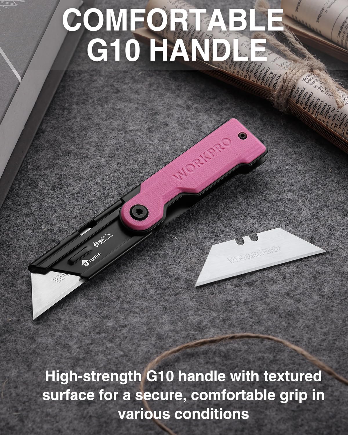 WORKPRO 3-Pack Folding Utility Knife Set, G10 Handle Box Cutter with 10 Extra SK5 Blades, Quick-Change Razor Knife with Belt Clip, EDC Utility Knife for DIY, Office, Home – Multicolor - Image 3