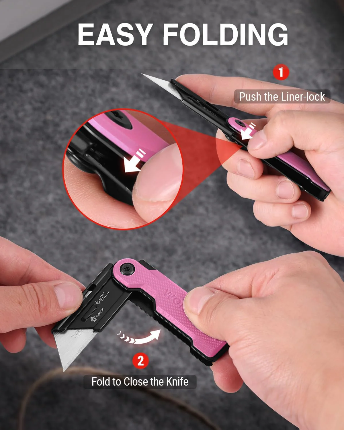 WORKPRO 3-Pack Folding Utility Knife Set, G10 Handle Box Cutter with 10 Extra SK5 Blades, Quick-Change Razor Knife with Belt Clip, EDC Utility Knife for DIY, Office, Home – Multicolor - Image 4