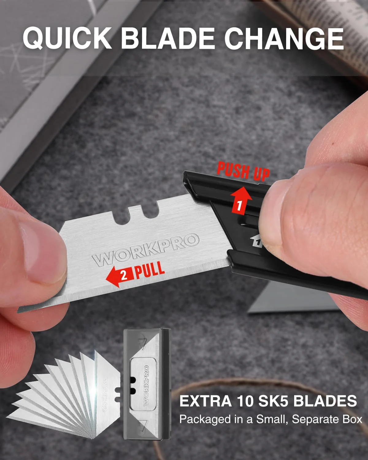 WORKPRO 3-Pack Folding Utility Knife Set, G10 Handle Box Cutter with 10 Extra SK5 Blades, Quick-Change Razor Knife with Belt Clip, EDC Utility Knife for DIY, Office, Home – Multicolor - Image 5