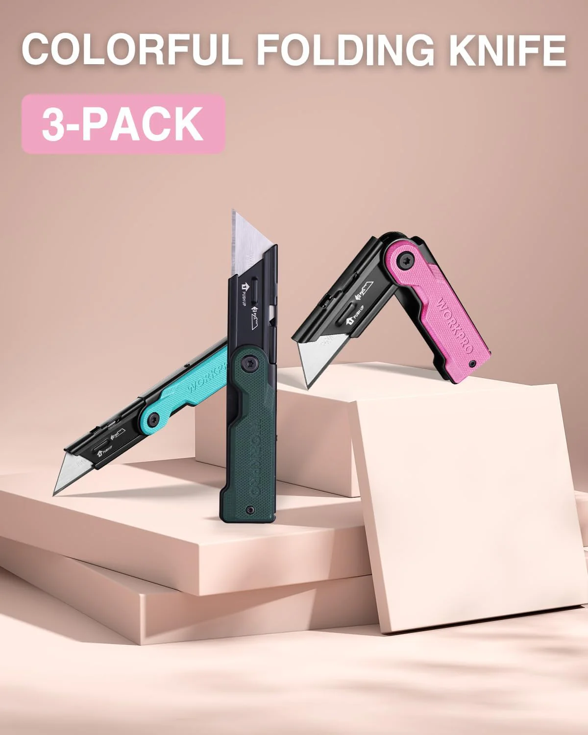 WORKPRO 3-Pack Folding Utility Knife Set, G10 Handle Box Cutter with 10 Extra SK5 Blades, Quick-Change Razor Knife with Belt Clip, EDC Utility Knife for DIY, Office, Home – Multicolor - Image 7