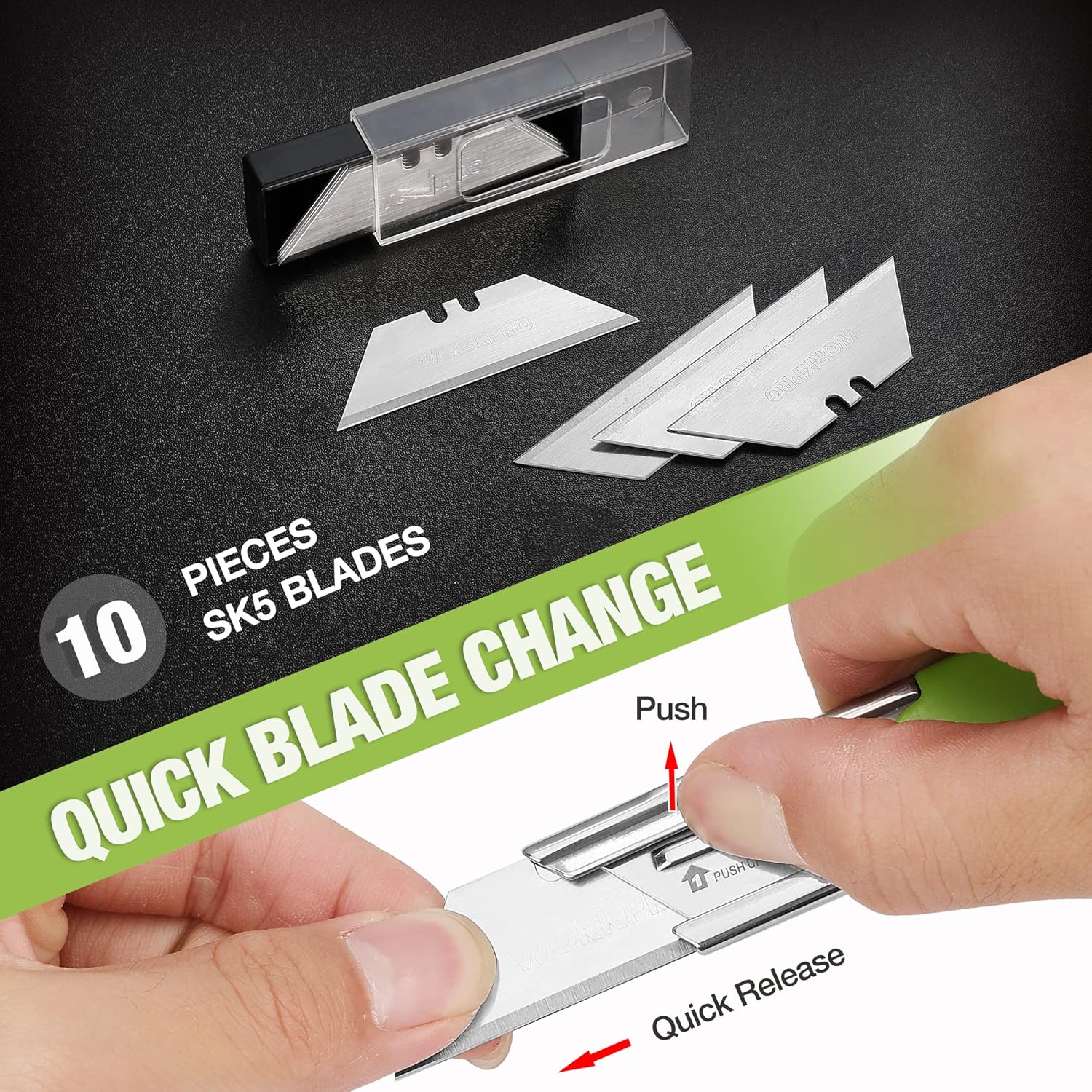 WORKPRO 3-Pack Folding Utility Knife Set, Quick Change Blade Box Cutter, Razor Knife with Belt Clip, 10 Extra SK5 Blades for Cartons, Cardboard and Boxes - Image 3