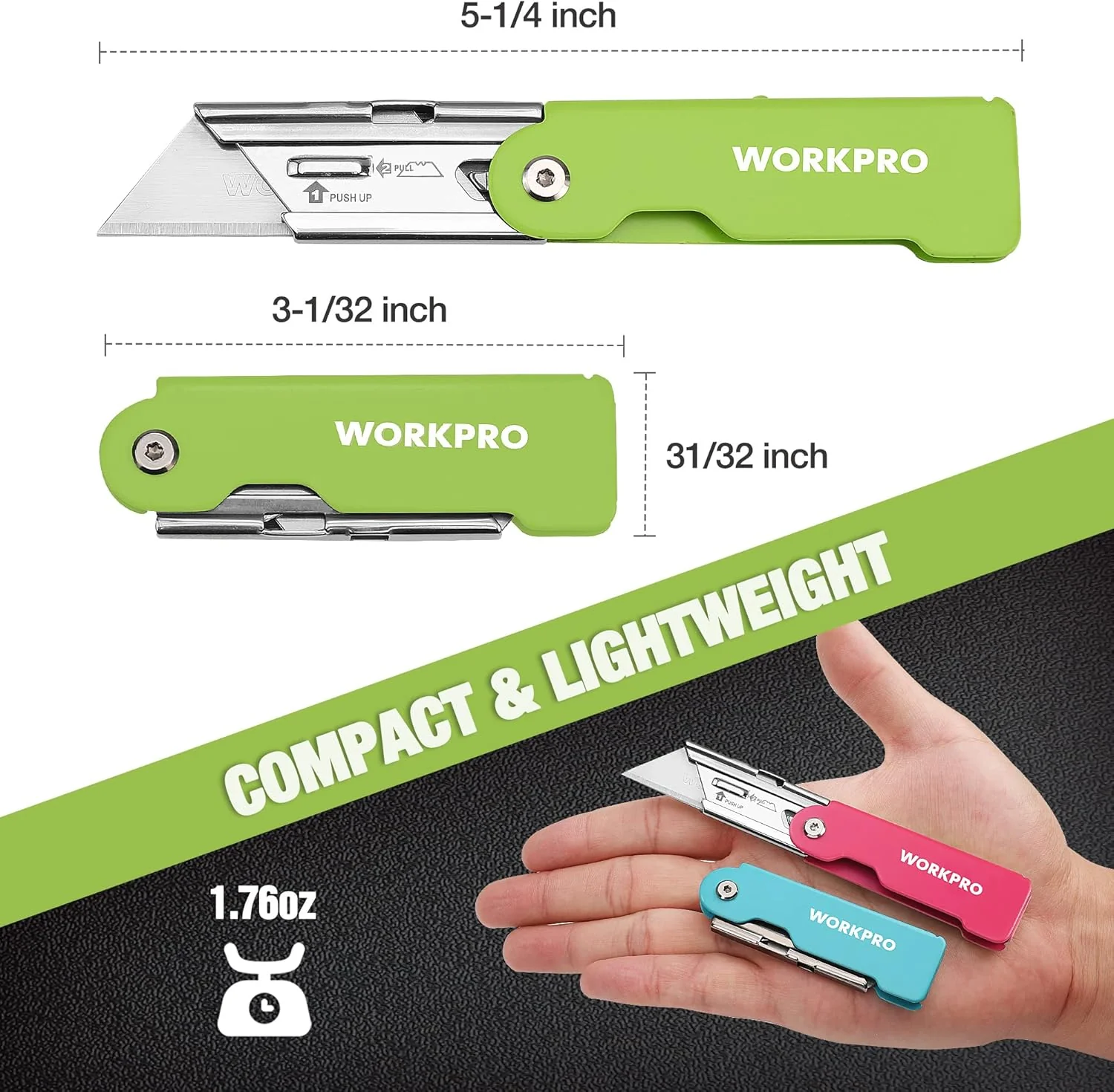 WORKPRO 3-Pack Folding Utility Knife Set, Quick Change Blade Box Cutter, Razor Knife with Belt Clip, 10 Extra SK5 Blades for Cartons, Cardboard and Boxes - Image 4