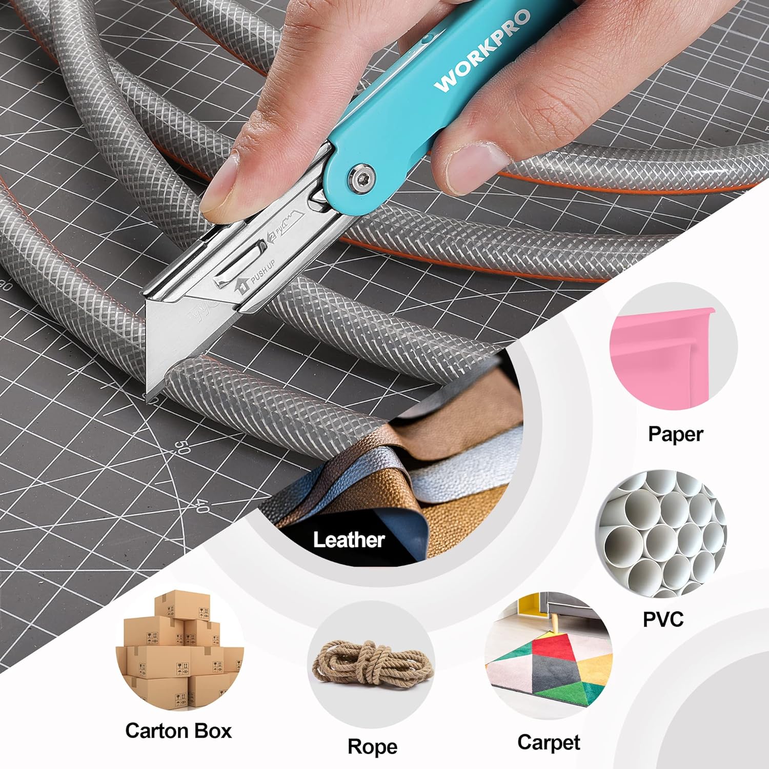 WORKPRO 3-Pack Folding Utility Knife Set, Quick Change Blade Box Cutter, Razor Knife with Belt Clip, 10 Extra SK5 Blades for Cartons, Cardboard and Boxes - Image 5