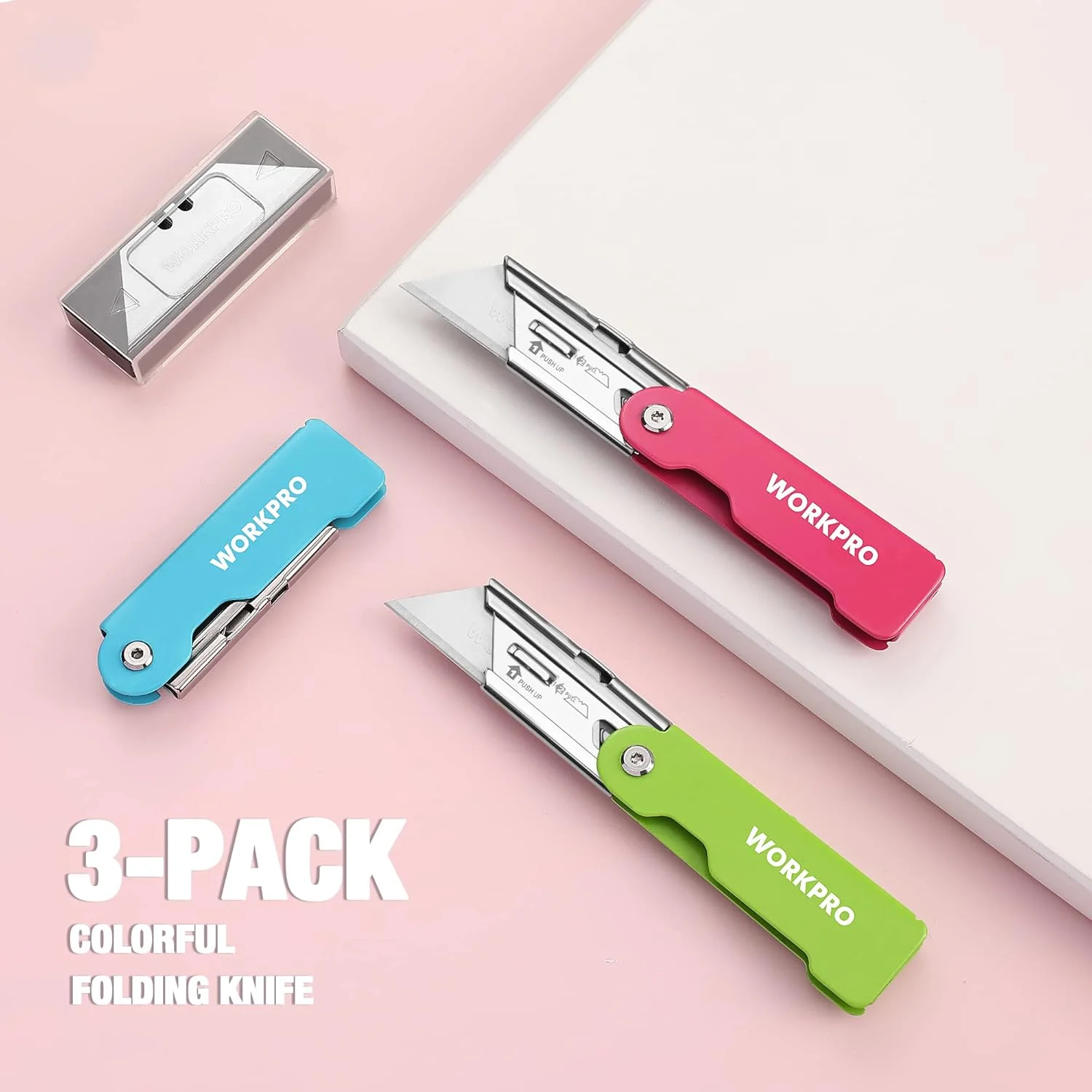 WORKPRO 3-Pack Folding Utility Knife Set, Quick Change Blade Box Cutter, Razor Knife with Belt Clip, 10 Extra SK5 Blades for Cartons, Cardboard and Boxes - Image 7