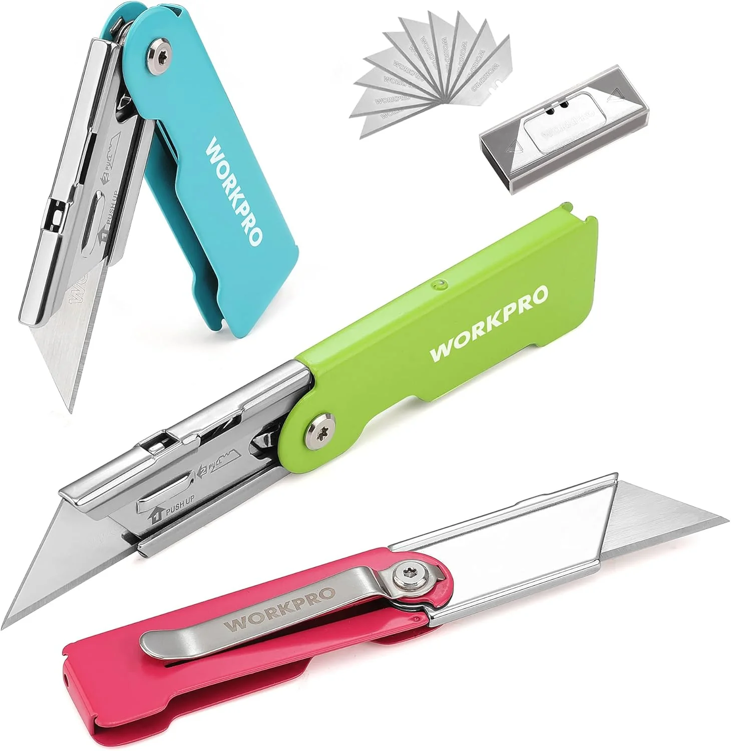 WORKPRO 3-Pack Folding Utility Knife Set, Quick Change Blade Box Cutter, Razor Knife with Belt Clip, 10 Extra SK5 Blades for Cartons, Cardboard and Boxes - Image 8
