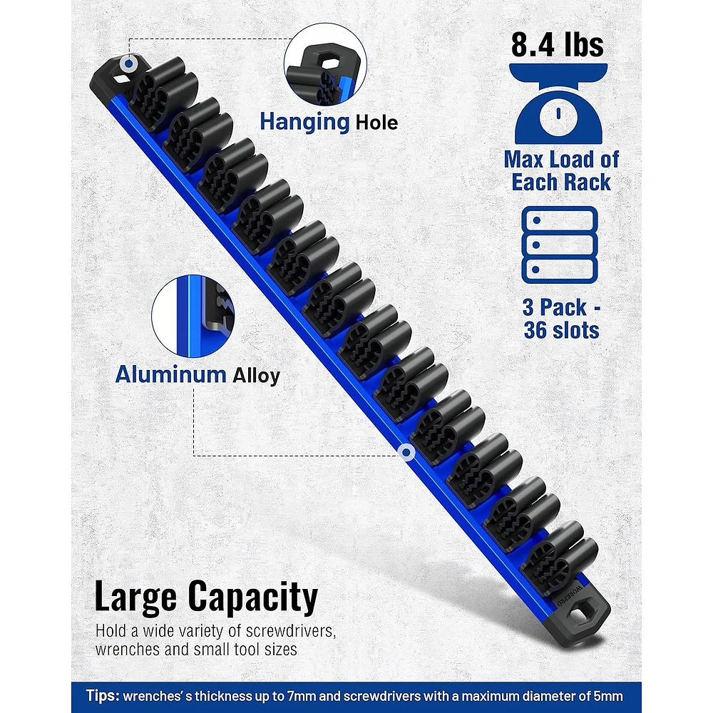 WORKPRO 3-Pack Magnetic Screwdriver Organizer and Wrench Organizer Set, Aluminum Rail Magnetic Tool Organizers, Tool Holder, Tool Box Organizers, 36-Slot Screwdriver & Wrench Holder (Tools Excluded) - Image 3