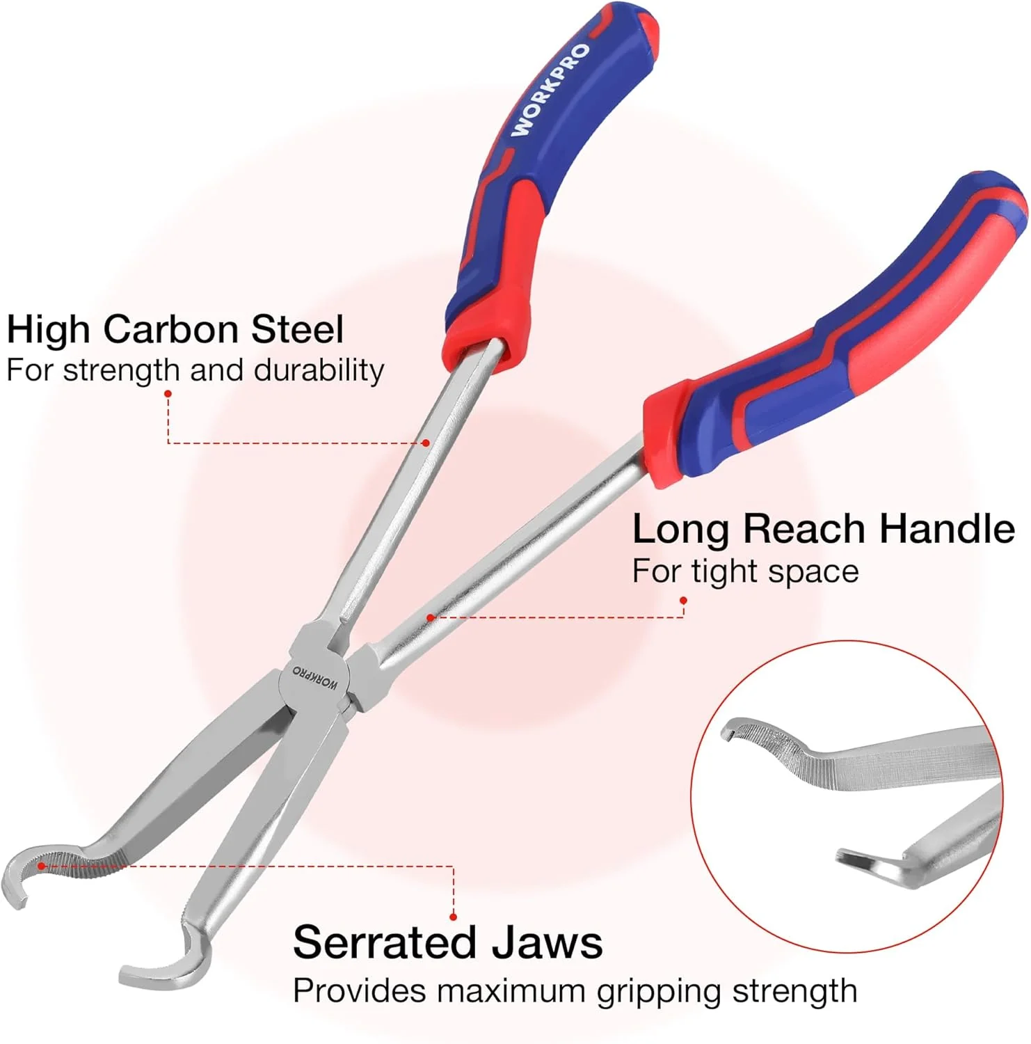 WORKPRO 3 PCS 11" Hose Gripper Plier Set, Long Reach Hose Gripping Pliers, 5/16-Inch, 1/2-Inch, 3/4-Inch Dia, Spark Plug Boot Removal Pliers, Serrated Jaws for Hard to Reach Narrow Spaces - Image 2