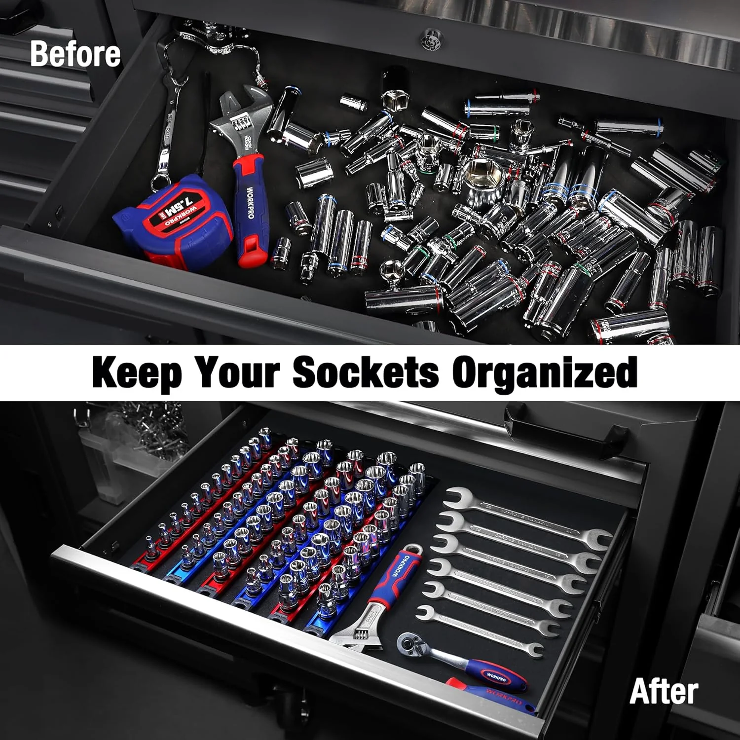 WORKPRO 3 Pcs Aluminum Alloy Magnetic Socket Organizer Set, Heavy Duty Socket Holder 1/4-Inch x 12 Clips, 3/8-Inch x 10 Clips, 1/2-Inch x 10 Clips (Socket not Included) - Image 2