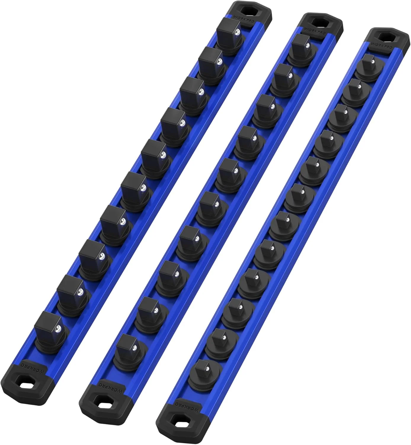 WORKPRO 3 Pcs Aluminum Alloy Magnetic Socket Organizer Set, Heavy Duty Socket Holder 1/4-Inch x 12 Clips, 3/8-Inch x 10 Clips, 1/2-Inch x 10 Clips (Socket not Included) - Image 7
