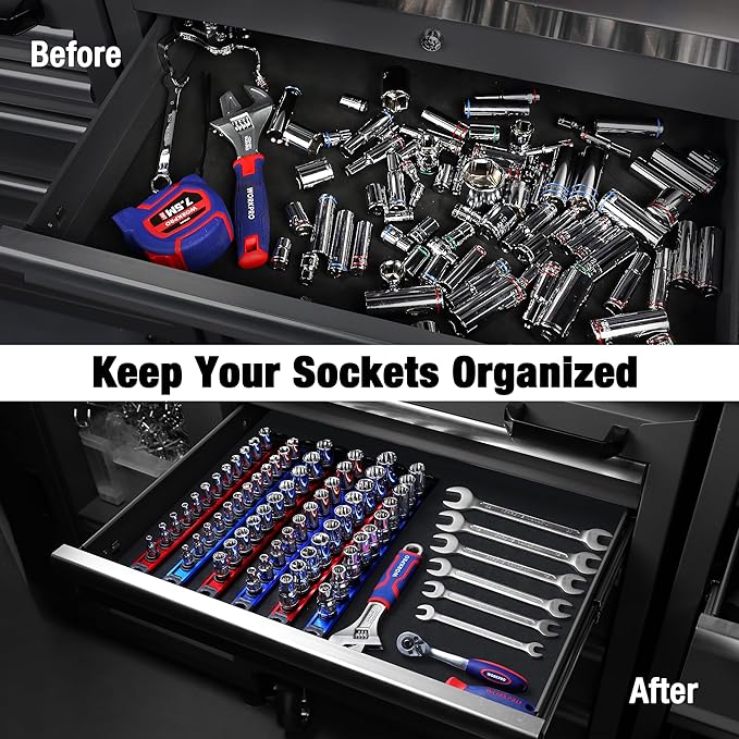 WORKPRO 3 Pcs Aluminum Alloy Magnetic Socket Organizer Set, Heavy Duty Socket Holder 1/4-Inch x 12 Clips, 3/8-Inch x 10 Clips, 1/2-Inch x 10 Clips (Socket not Included) - Image 8