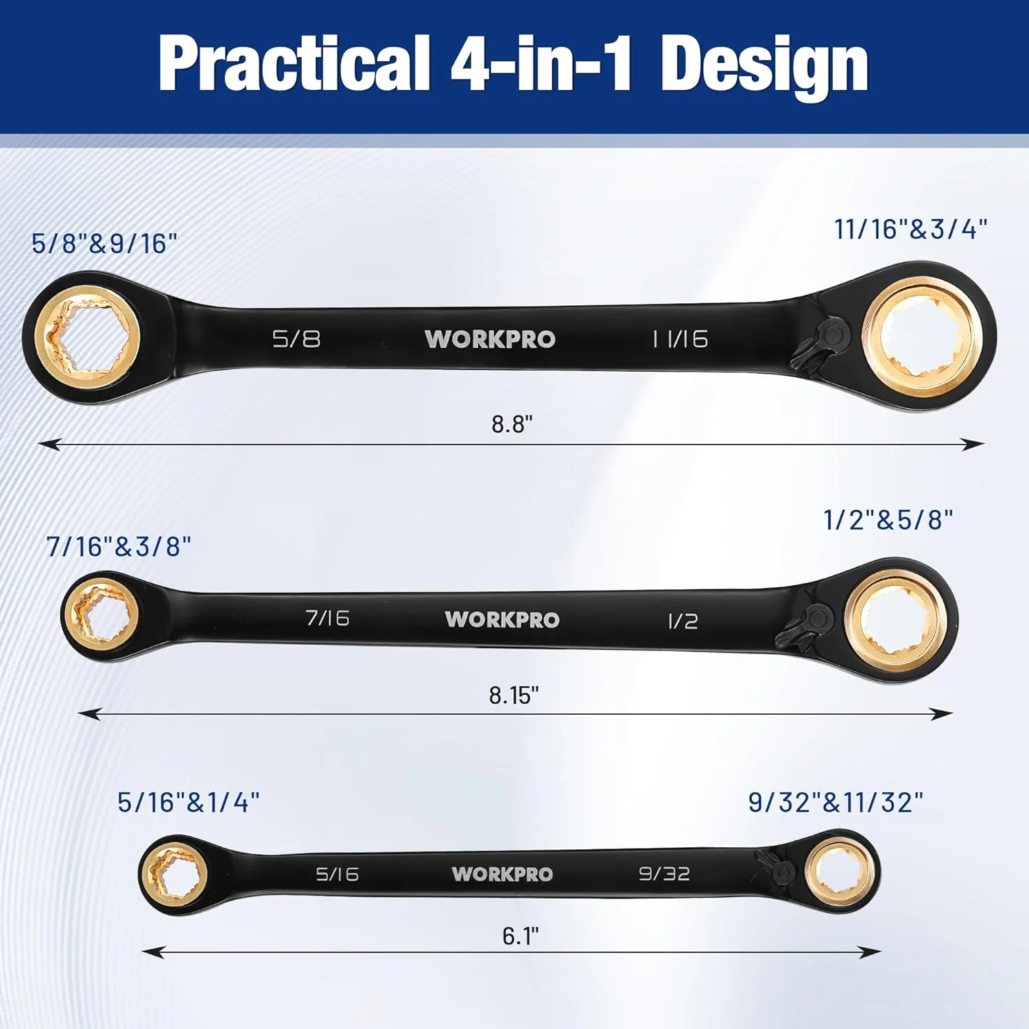 WORKPRO 3-Piece 4-in-1 Reversible Ratcheting Wrench Set, 12 Sizes in 3 Wrenches (1/4"-3/4"), SAE, Anti-Slip, Double Box End, 72-Tooth, CR-V, 6-Point, with Storage Bag - for Repair & Maintenance - Image 2
