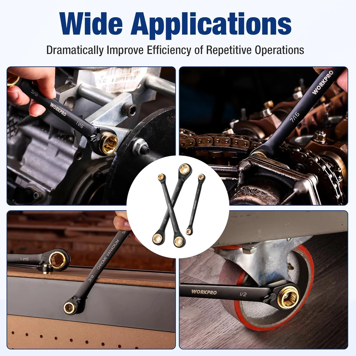 WORKPRO 3-Piece 4-in-1 Reversible Ratcheting Wrench Set, 12 Sizes in 3 Wrenches (1/4"-3/4"), SAE, Anti-Slip, Double Box End, 72-Tooth, CR-V, 6-Point, with Storage Bag - for Repair & Maintenance - Image 7