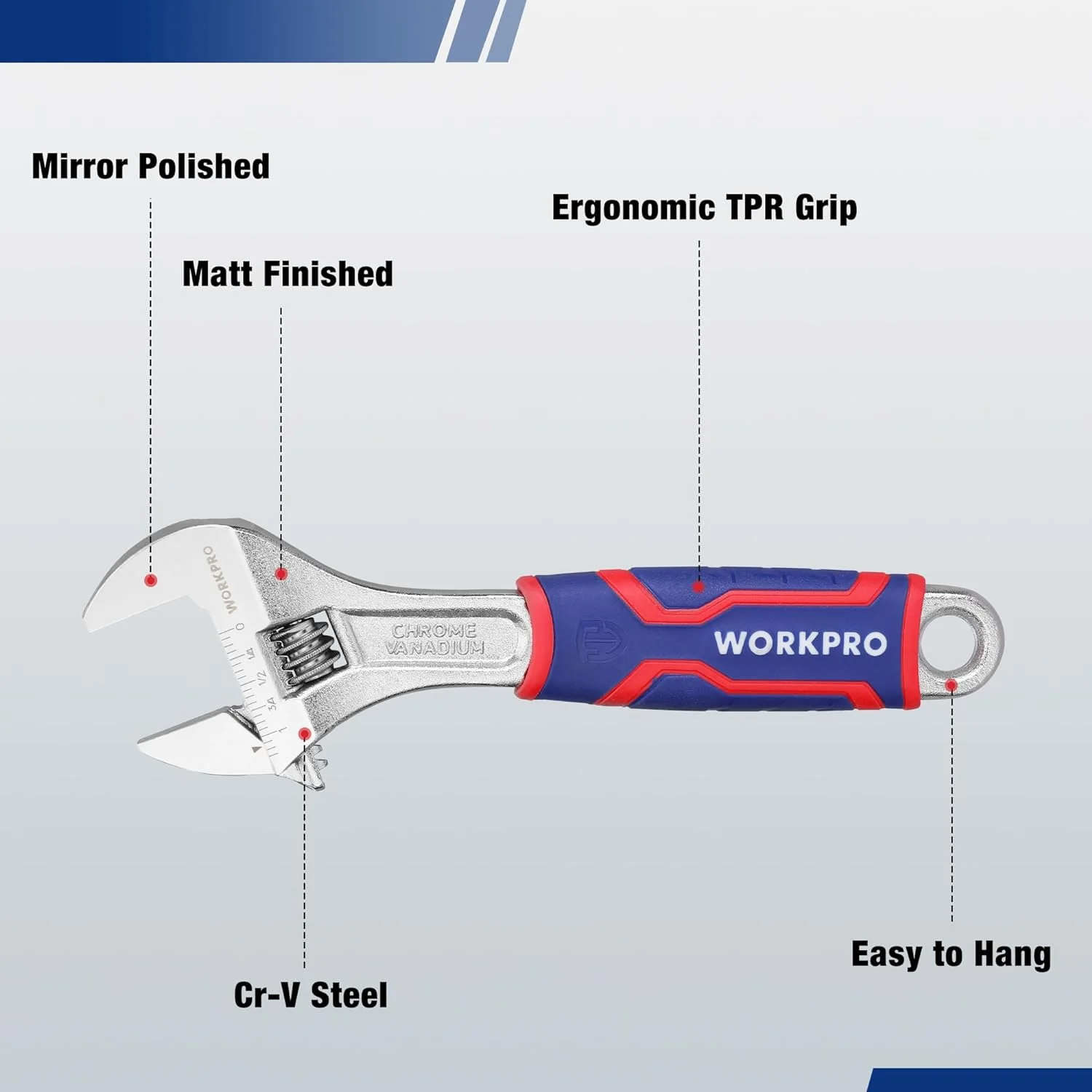 WORKPRO 3-piece Adjustable Wrench Set, Cr-V Wide Jaw Wrench With Rubber Anti-Slip Grip, 6-inch, 8-inch, 10-inch with Metric/SAE Scales, Chrome Plated - Image 2