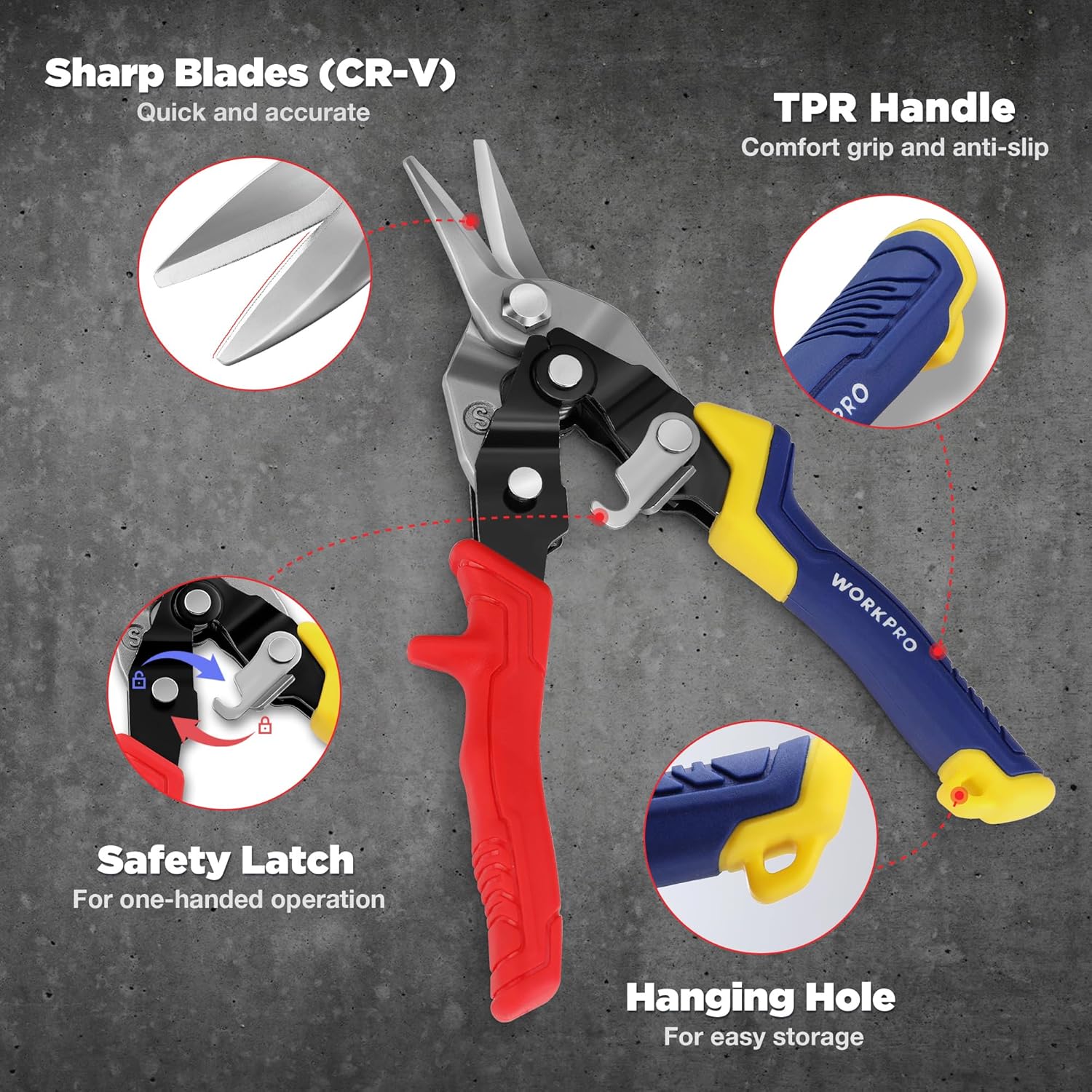 WORKPRO 3 Piece Aviation Tin Snips Set, 8 Inch Metal Cutter Shear for Left, Right and Straight Cut | Cr-V Blade, Ergonomic Handle with Hang Hole, Safety Latch - Image 3