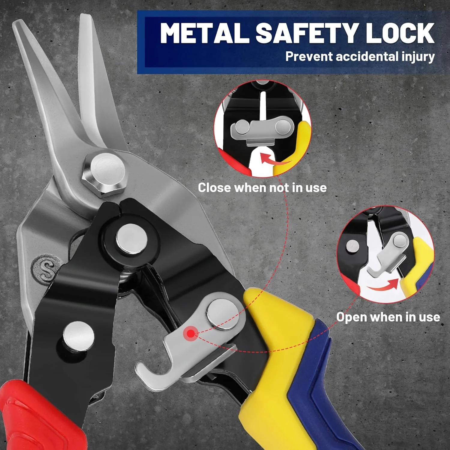 WORKPRO 3 Piece Aviation Tin Snips Set, 8 Inch Metal Cutter Shear for Left, Right and Straight Cut | Cr-V Blade, Ergonomic Handle with Hang Hole, Safety Latch - Image 4