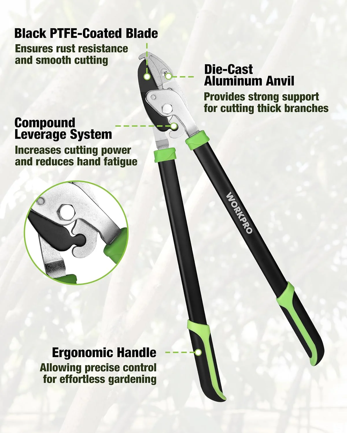 WORKPRO 3-Piece Garden Shears Set, Heavy-Duty Gardening Clippers | Include 20” Hedge Shear, 24” Anvil Lopper & 8” Pruning Shear, with Sharp Blade, Comfort Grip for Branches, Shrubs, and Hedges - Image 4