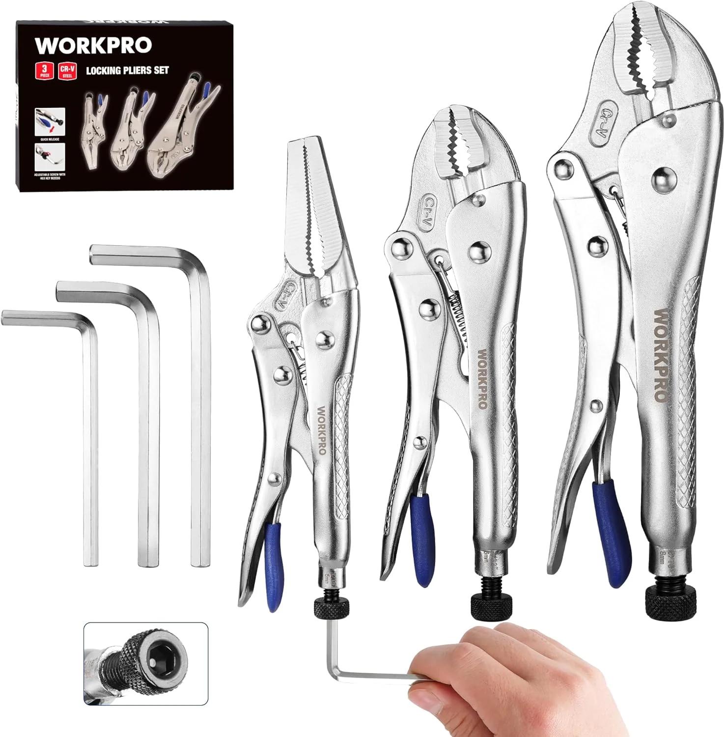 WORKPRO 3-Piece Locking Pliers Set with Hex Key Holes, Curved Jaw & Long Nose Vice Grips with 3pc Allen Wrenches for Maximum Locking Force, Fast Release Vise Grip Pliers