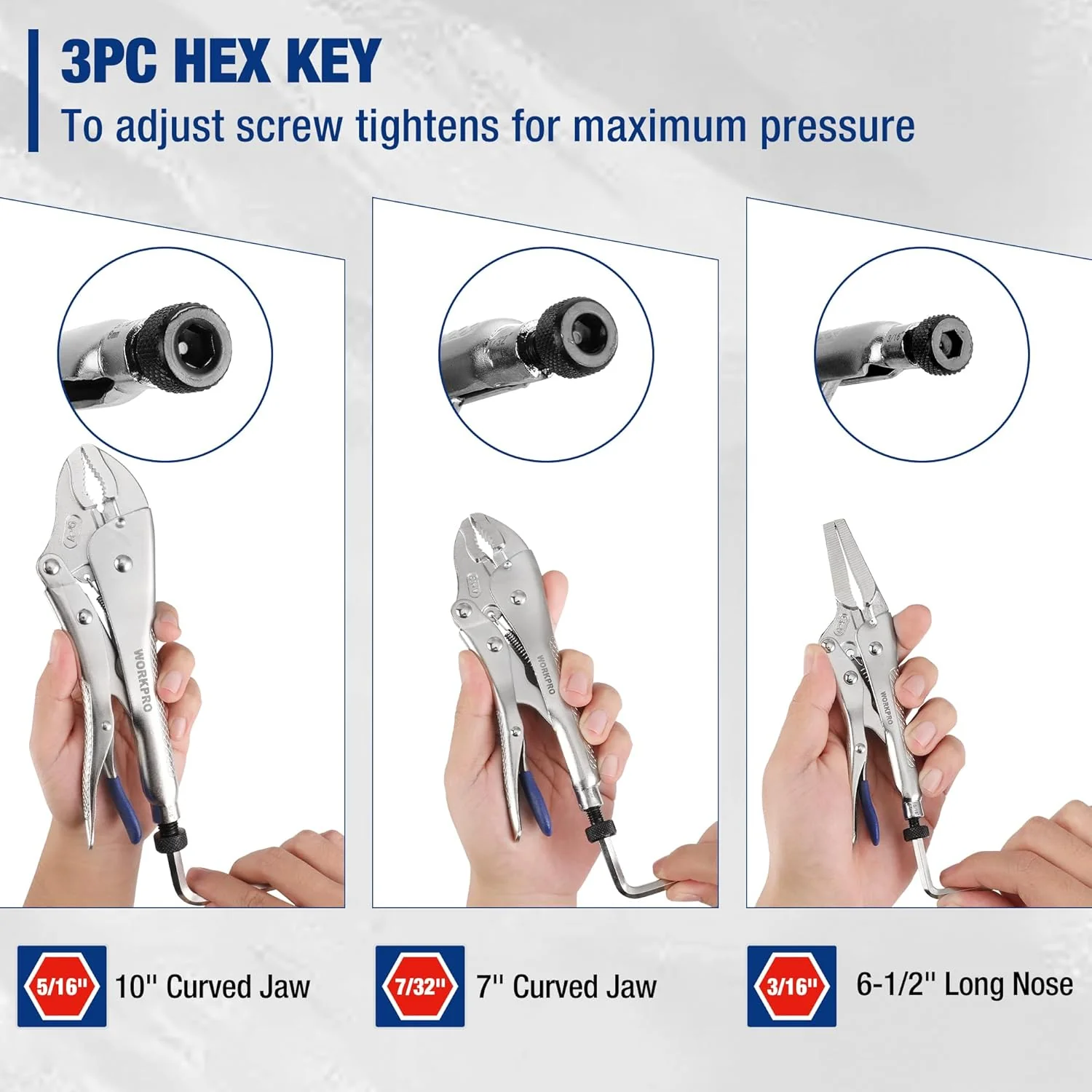 WORKPRO 3-Piece Locking Pliers Set with Hex Key Holes, Curved Jaw & Long Nose Vice Grips with 3pc Allen Wrenches for Maximum Locking Force, Fast Release Vise Grip Pliers - Image 2