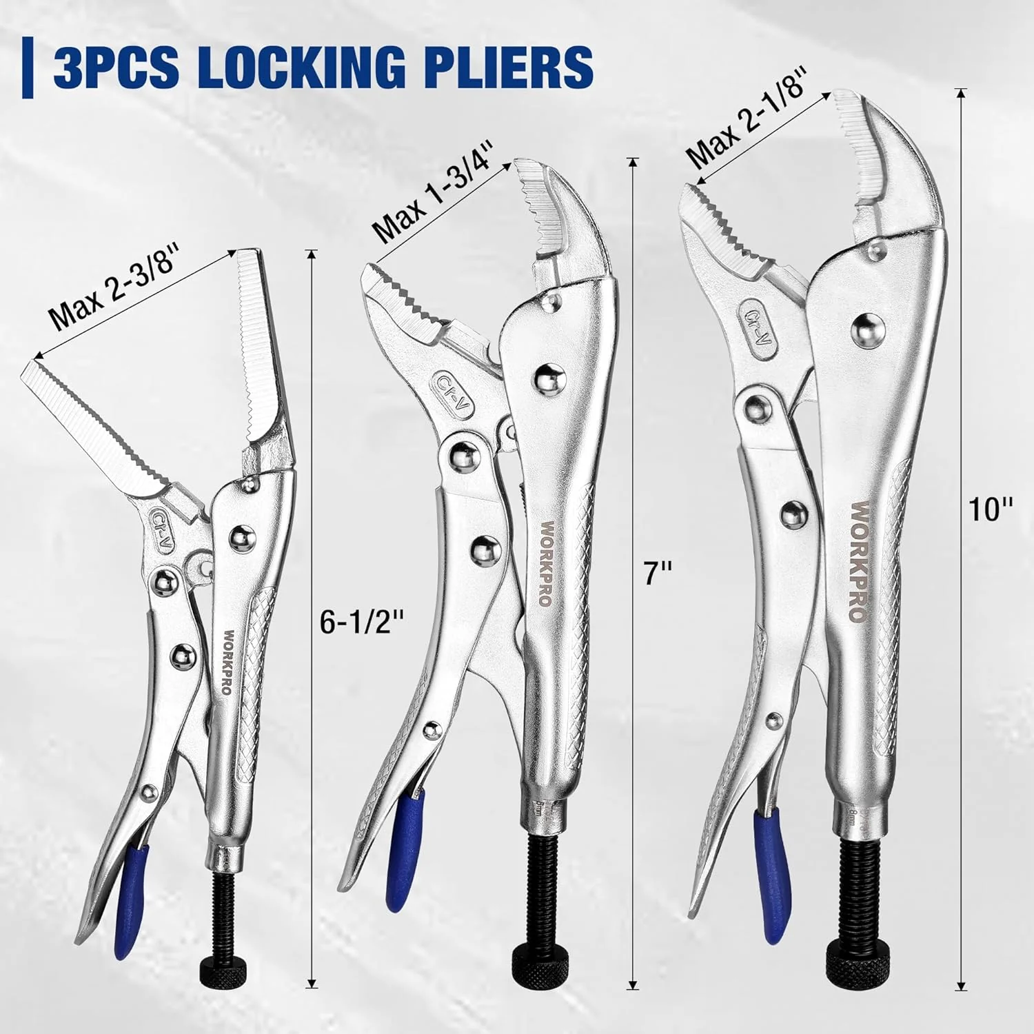 WORKPRO 3-Piece Locking Pliers Set with Hex Key Holes, Curved Jaw & Long Nose Vice Grips with 3pc Allen Wrenches for Maximum Locking Force, Fast Release Vise Grip Pliers - Image 4