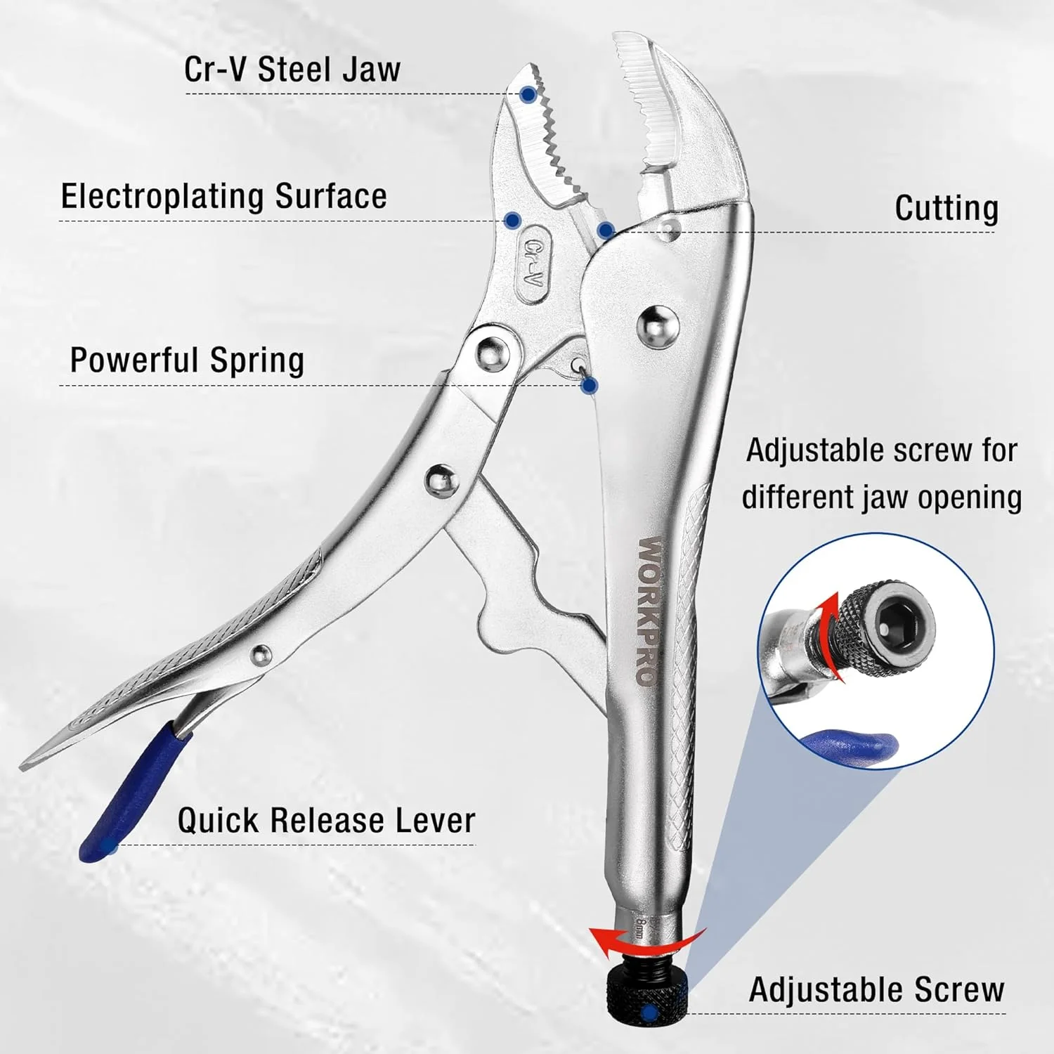 WORKPRO 3-Piece Locking Pliers Set with Hex Key Holes, Curved Jaw & Long Nose Vice Grips with 3pc Allen Wrenches for Maximum Locking Force, Fast Release Vise Grip Pliers - Image 5